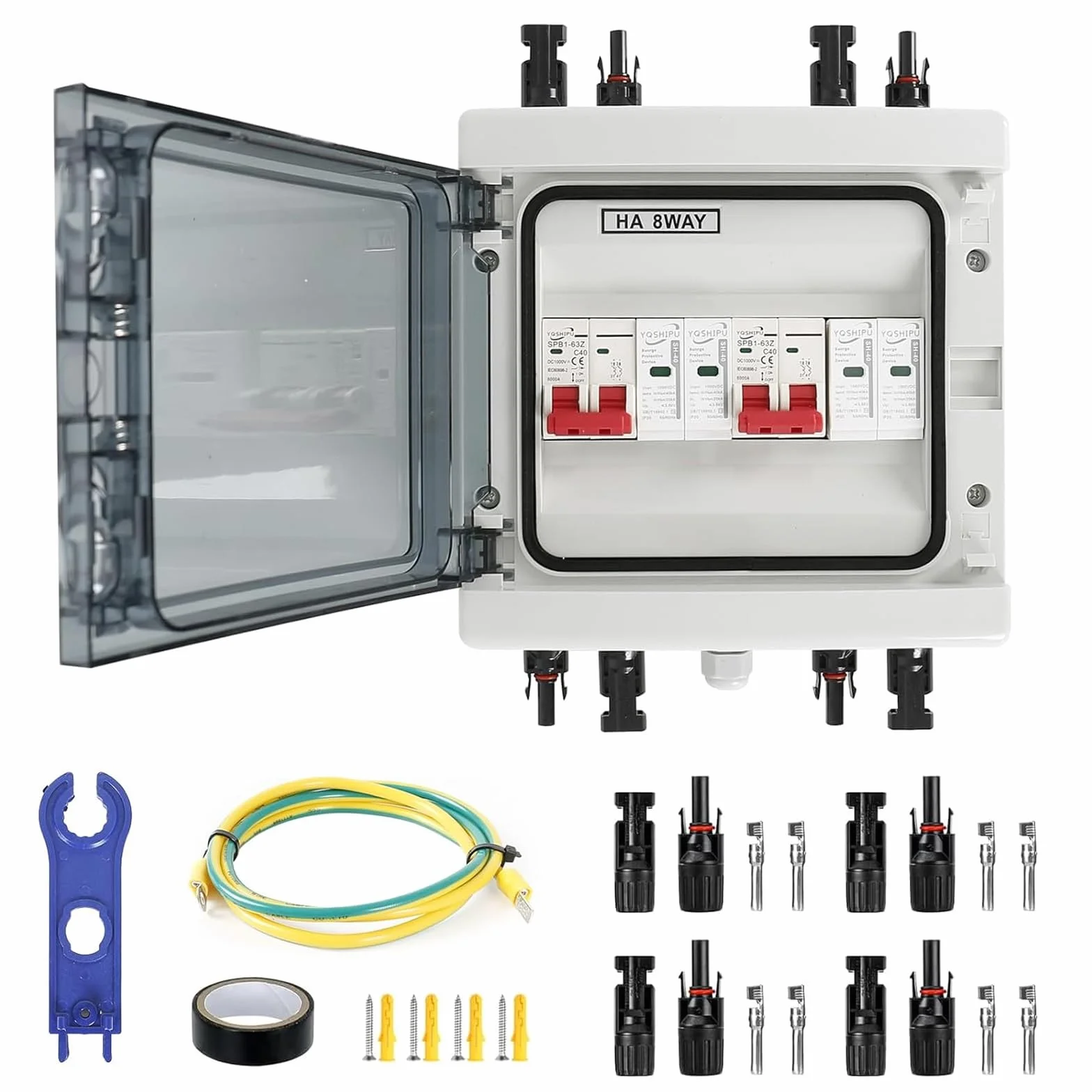 Scatola di Giunzione Solare Fotovoltaica, 1000V 40A Solar PV Combiner Box 2 in 2 out Scatola di Distribuzione Impermeabile, Interruttore Fotovoltaico con Spina Solare per Esterni Sistema Solare