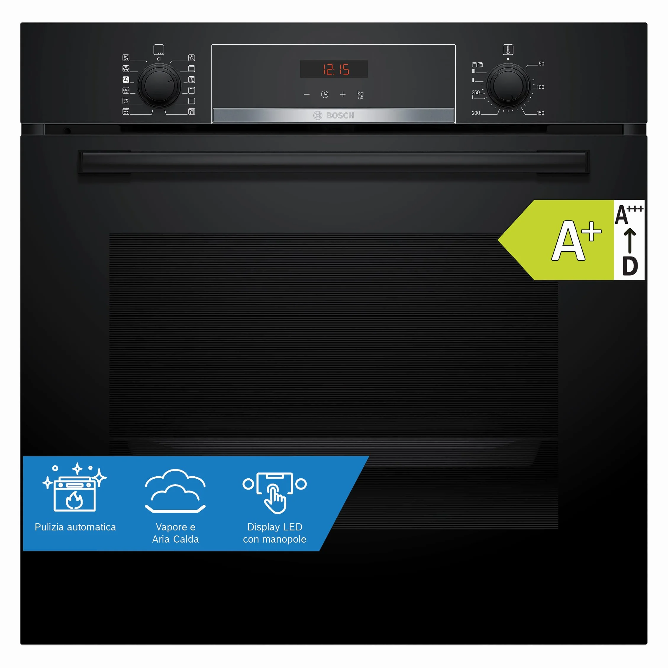 Bosch HQA574BB3 Serie 4, Forno con vapore da incasso, Pirolisi: pulizia del forno senza sforzo, Display LED rosso, 10 programmi automatici, Nero, 60 x 60 cm