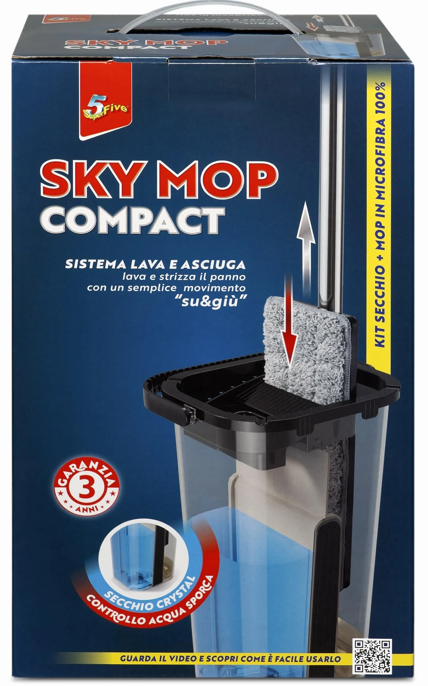 Lavapavimenti con Secchio e Mop in Microfibra 100%, Sky Mop Compact Lava e Asciuga, con Bastone in Acciaio Inox, Secchio Compatto con Strizzatore, Lavapavimenti