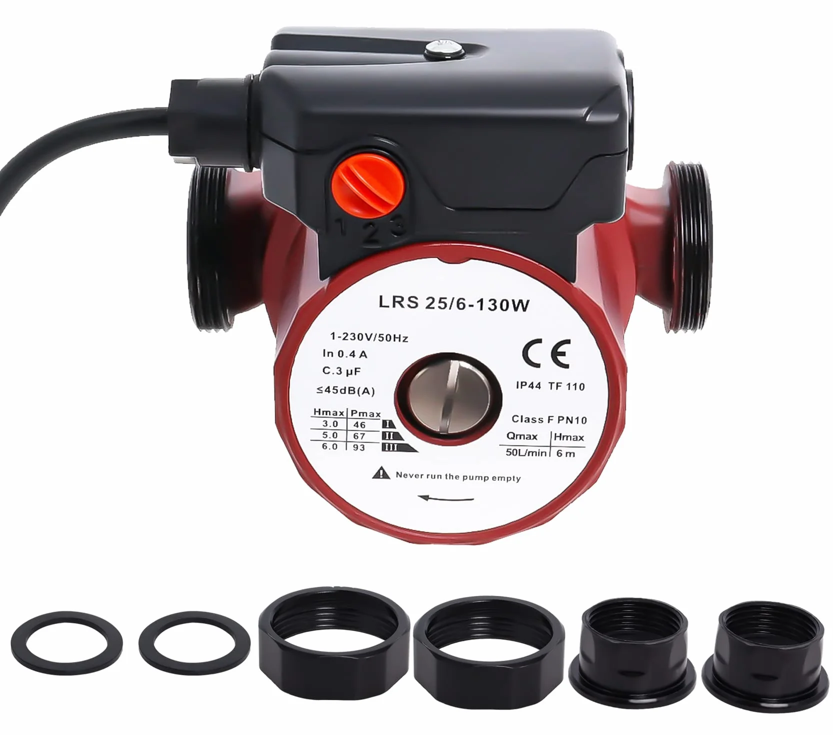 LRS25/6-130 Pompa di circolazione dell'acqua calda, pompa di ricircolo solare, pompa di pressione a tre velocità, 46/67/93 W, altezza massima 6 m per Poweka