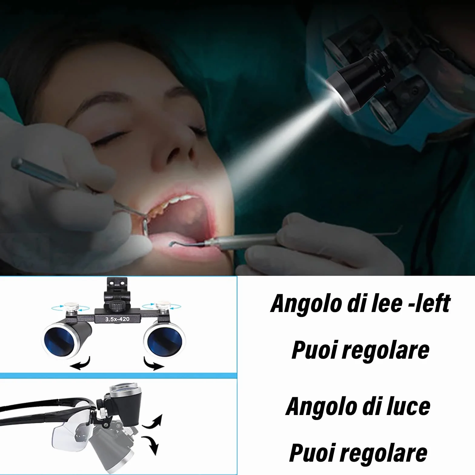 Occhiali ingrandimento,Lente d'Ingrandimento Dentale, dental loupe,lampada dentale 3,5x Occhialini Binoculari Medici Chirurgici Dentali con Faro LED per Chirurgia Odontoiatrica