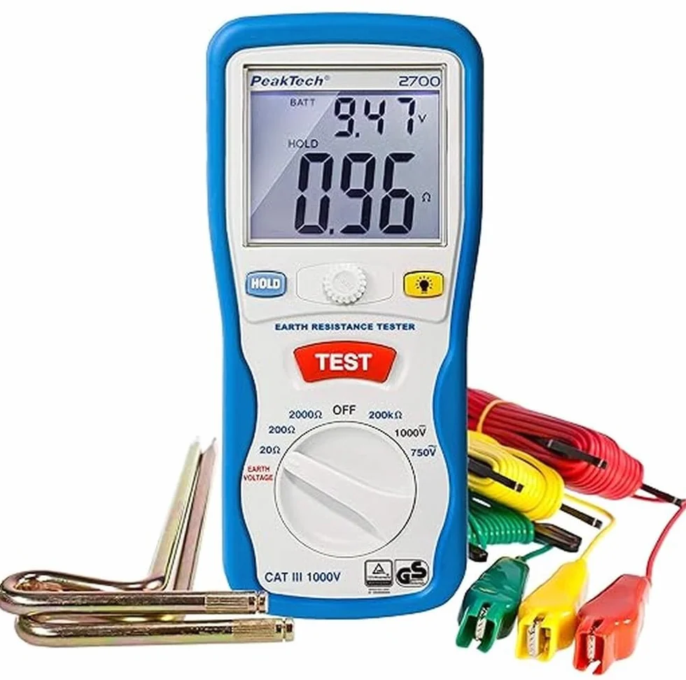 Peaktech P 2700 – Misuratore di Resistenza di Terra Digitale, Display LCD a Doppia Illuminazione e 2 Aste di Terra, Resistenza di Terra, Ac/Dc, Tüv/Gs, Blocco Dati, Arresto Automatico - Cat Iii 1000 V
