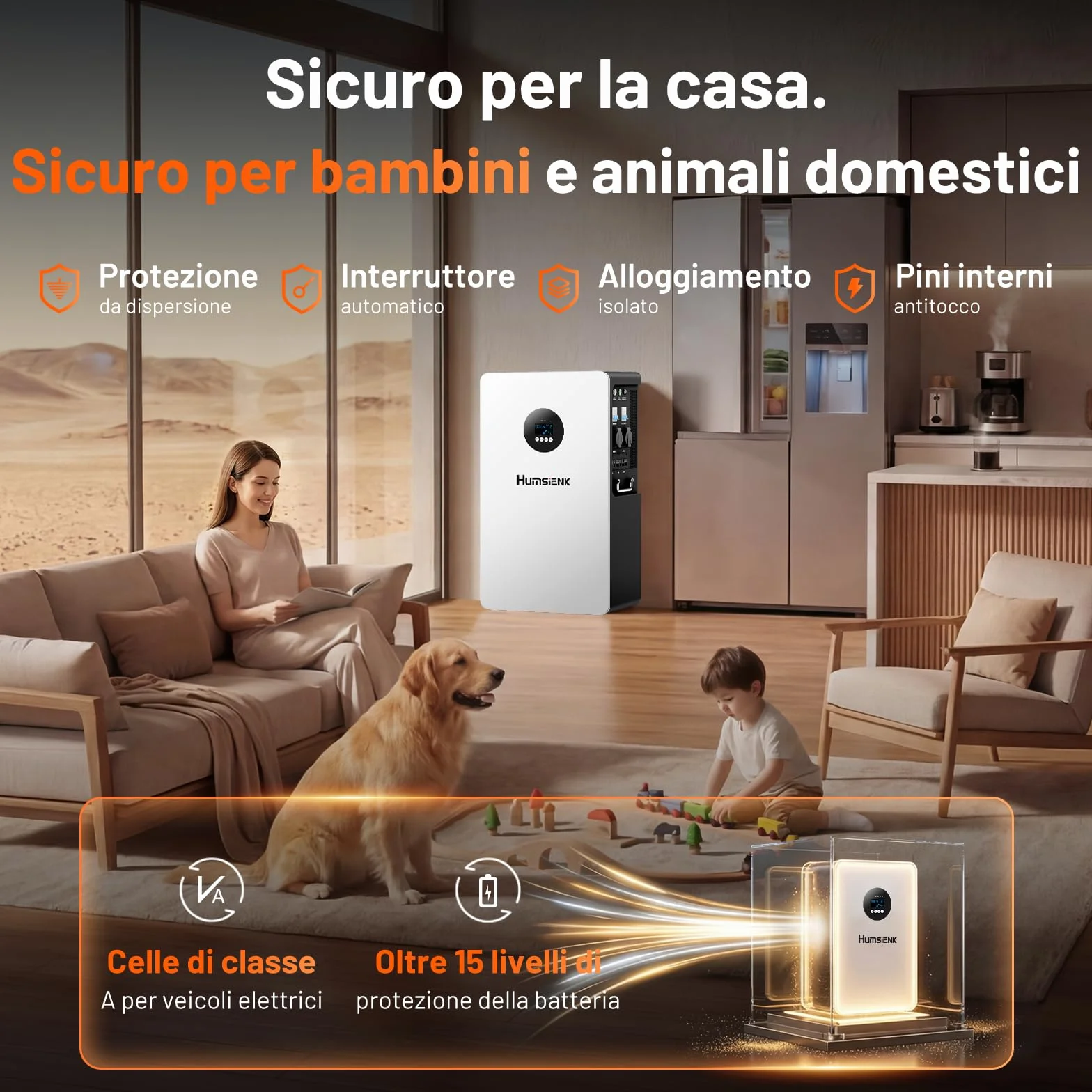 HumsiENK Sistema Solare All-in-One 6-in-1 5kW – Batteria LiFePO4 5.12kWh, Ingresso PV 9000W, MPPT 99.5%, UPS <20ms, BMS 200A con Bilanciamento Attivo 3A per Backup Domestico e Off-Grid