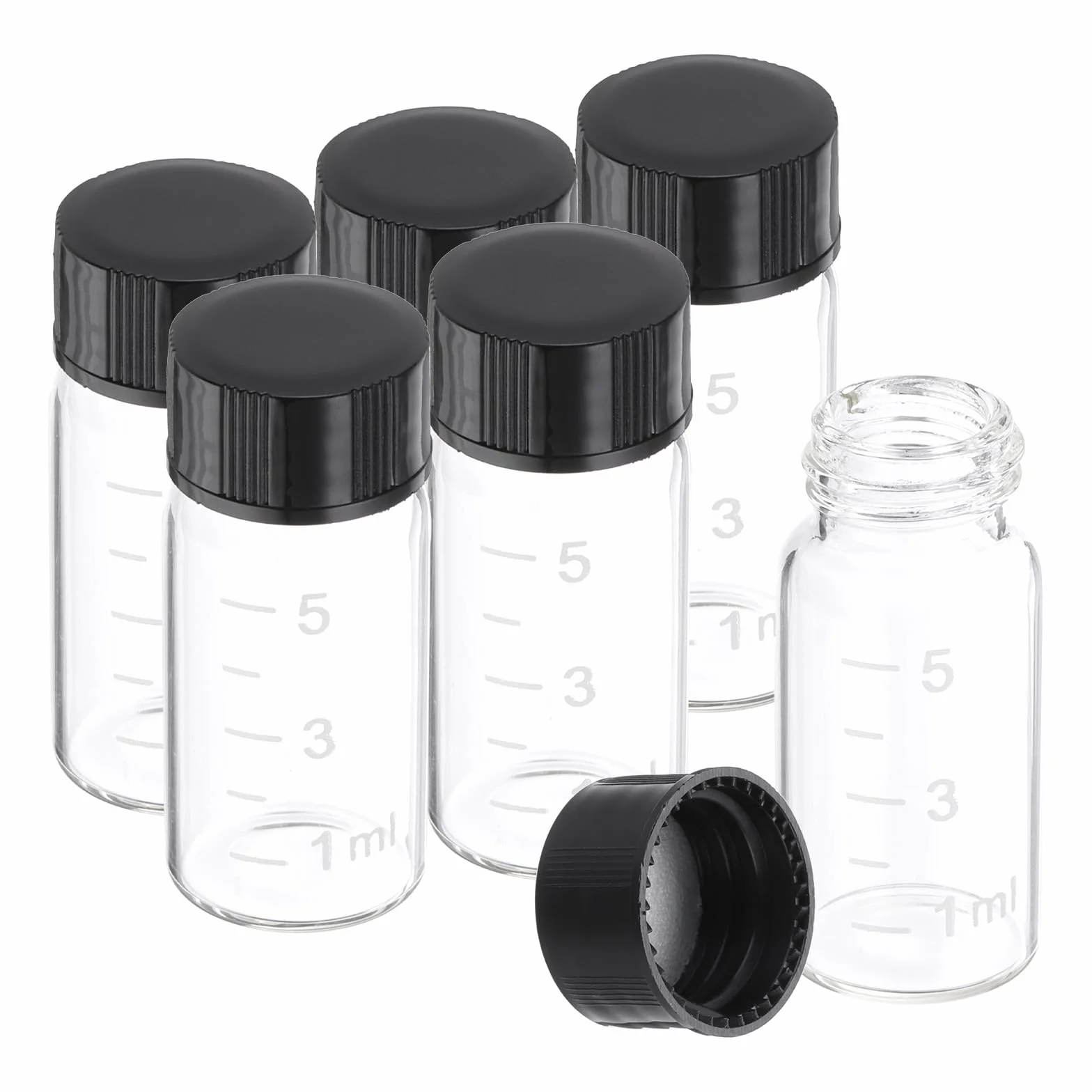 PATIKIL 6pz 5ml Piccoli Viali in Vetro Trasparente con Tappo a Vite Nero, Bottiglie di Campionamento in Vetro Borosilicato Graduato per Conservare Solidi Liquidi Polveri