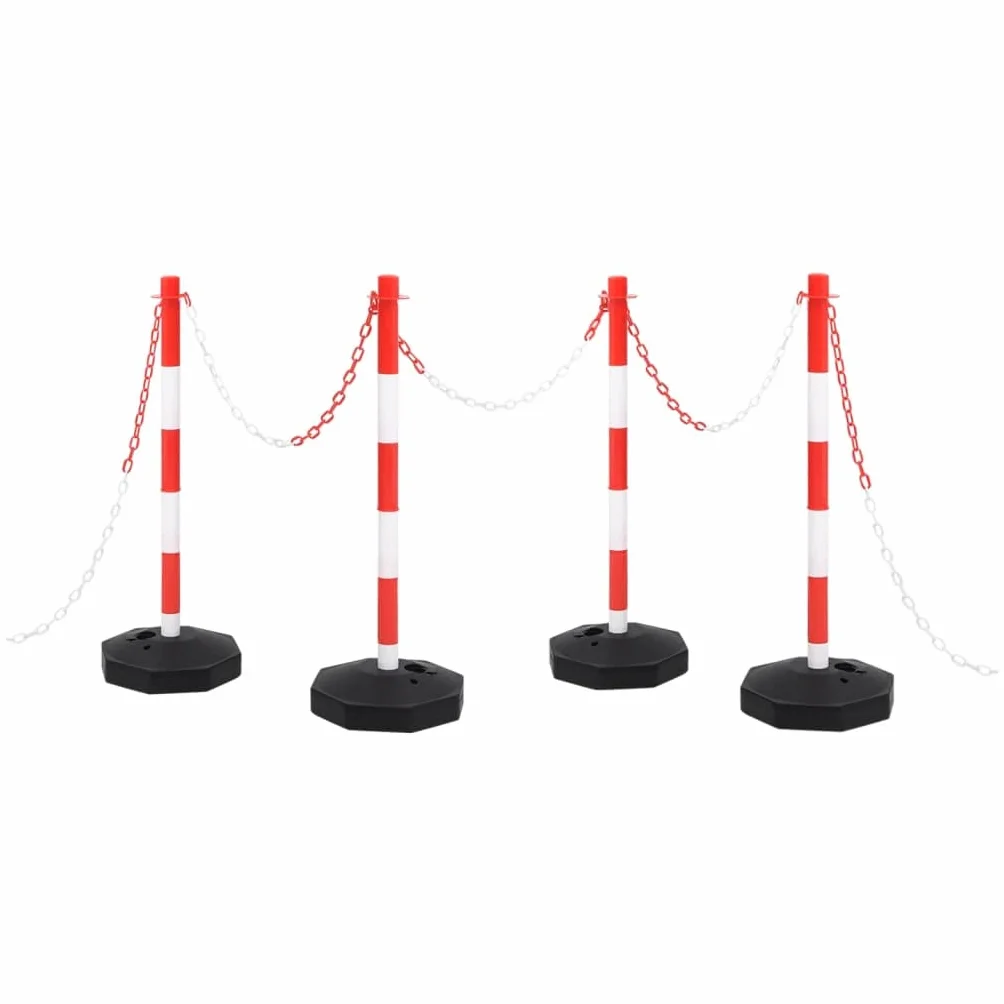 Set di pali a catena con 4 pali e 10 m di catena in plastica rosso, bianco e nero, base in PE riempibile, altezza 90 cm, barriera per parcheggio, cantiere, locali operativi, sicurezza stradale