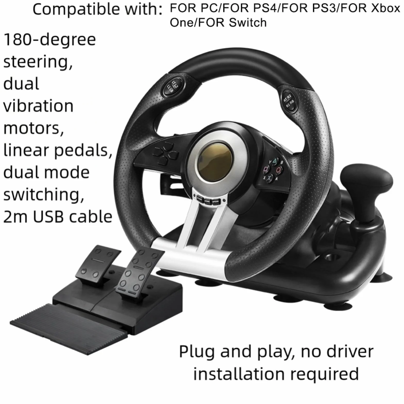 MoSundi Volante da gioco compatibile con PC per Nintendo Switch One, ABS per volante da corsa con pedali, impugnatura ergonomica, giochi di guida (nero)