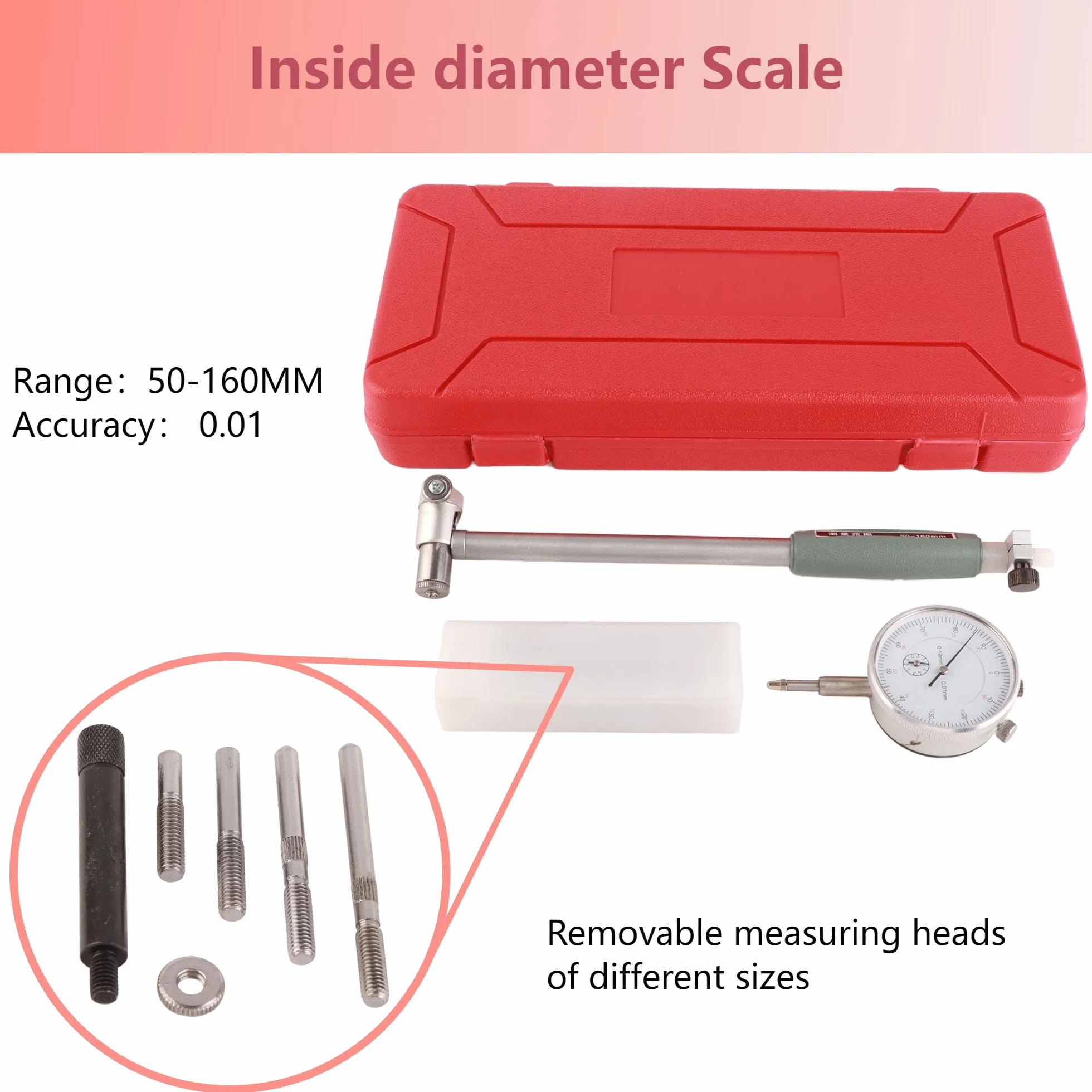 50 – 160 mm di diametro micron, set di strumenti di misurazione del motore, calibro del foro + misuratore per misurazione della profondità dei cilindri del motore, dimensioni interne di officine