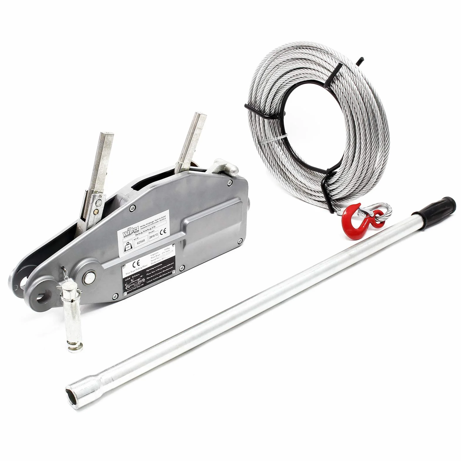 Wiltec Paranco a fune max 800kg fune 20m Ø8,3mm per sollevamento spostamento carichi