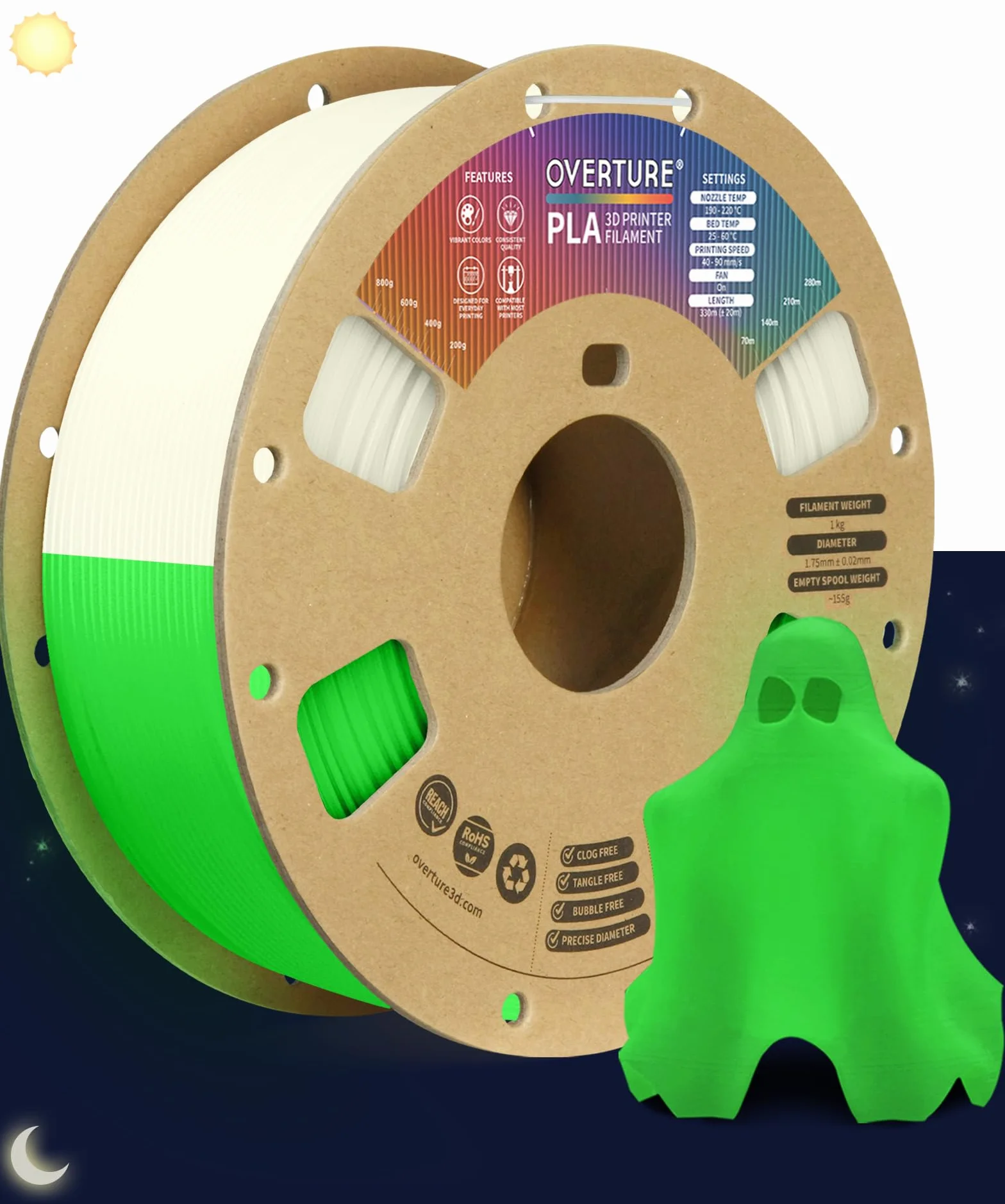 OVERTURE Glow PLA Filamento 1,75 mm 1 kg Bobina per Stampante 3D, Verde (Glow in Dark)