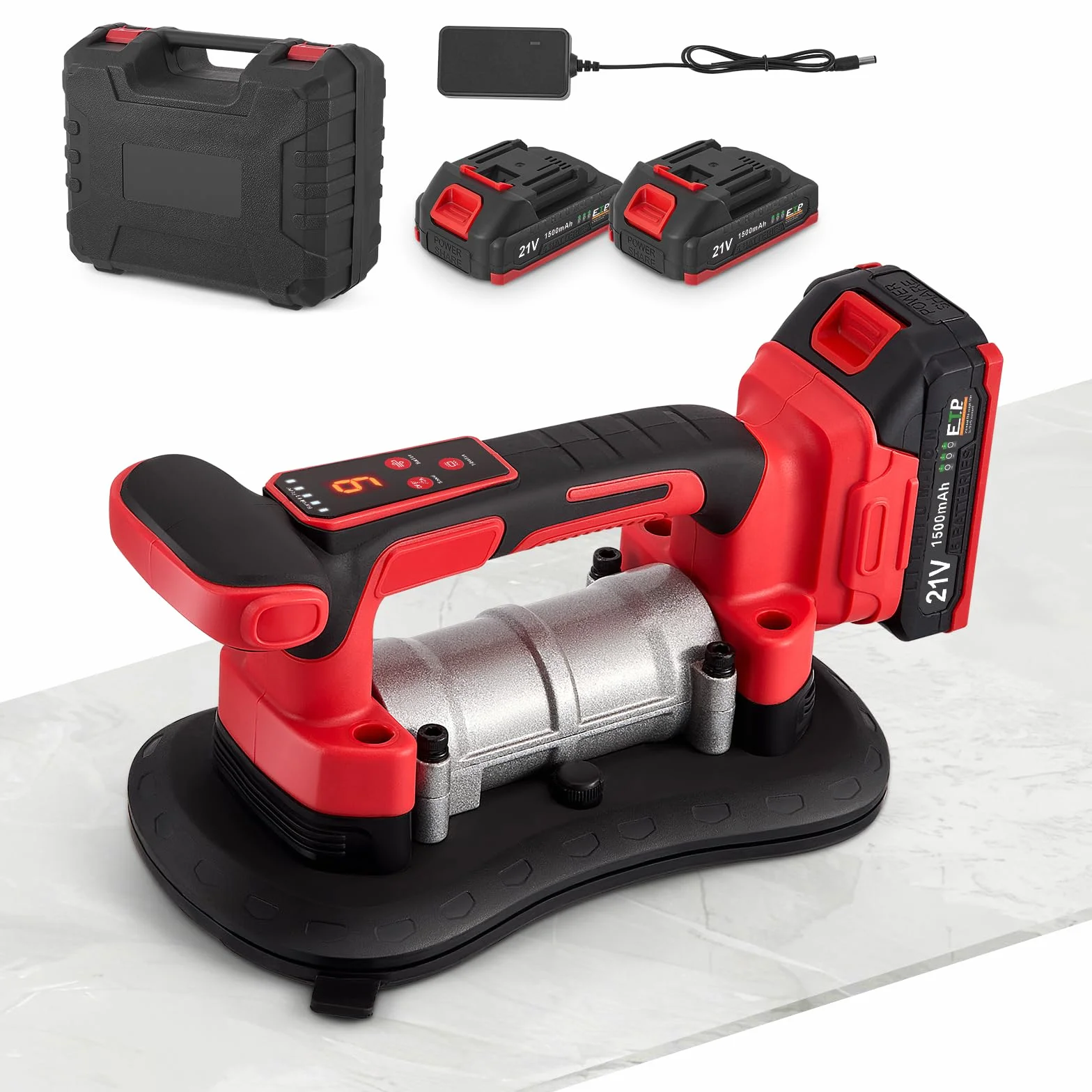 Vibratore per piastrelle e ventose a batteria 2 in 1 con leva, 9 livelli, 285 x 150 mm, ventosa 200 kg, adsorbimento per piastrelle di grandi dimensioni da parete e pavimento