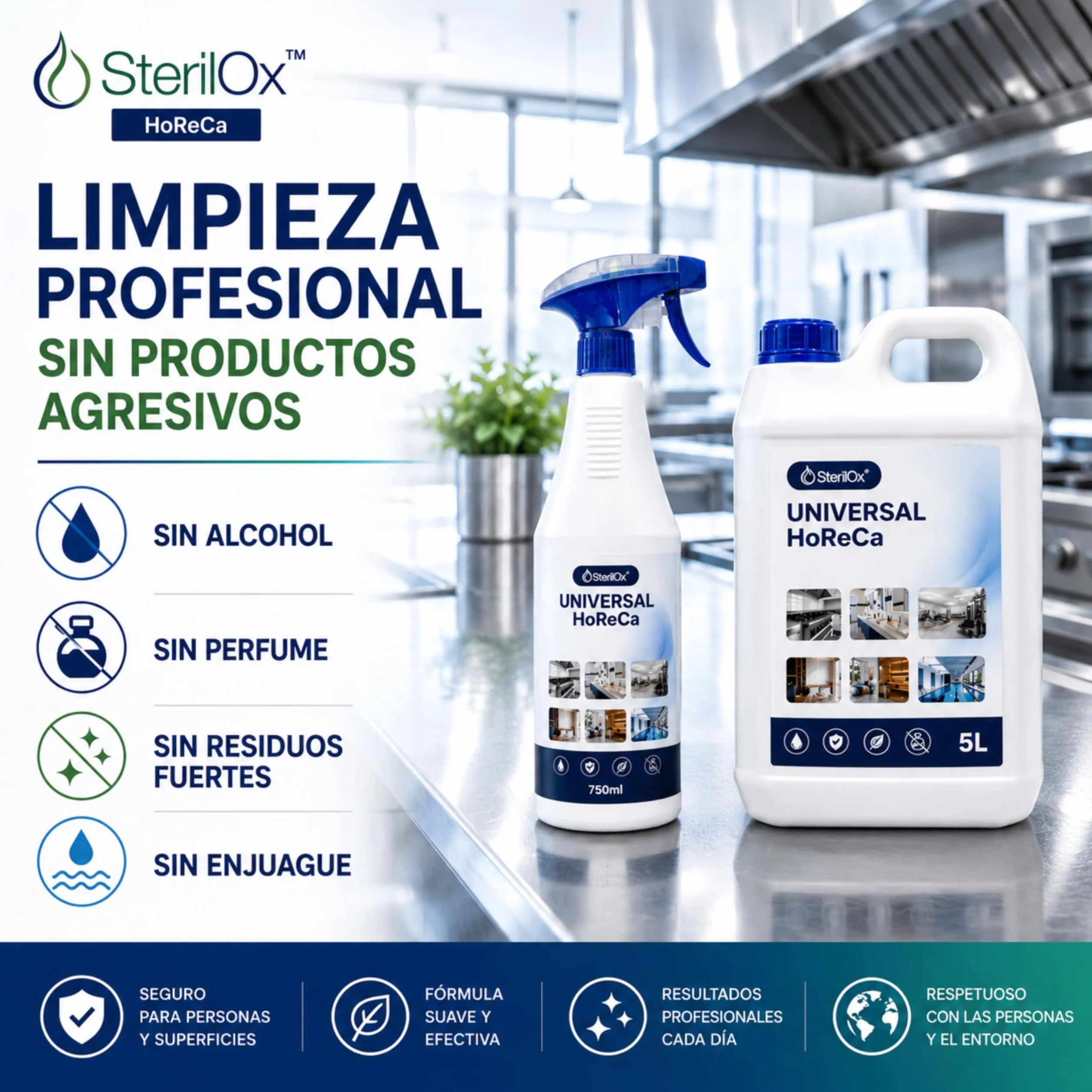 Universal HoReCa 5L - Prodotto Professionale per la Pulizia con Acido Ipocloroso HOCl - Senza Alcol, Senza Risciacquo - Per Cucine, Hotel, SPA, Palestre - Compatibile con Fogger