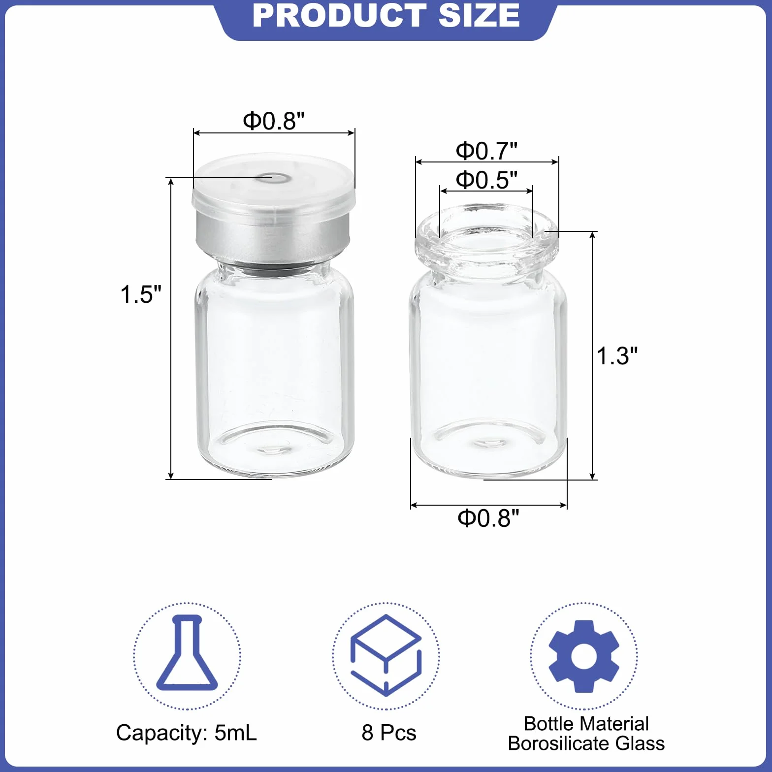 PATIKIL 5ml Fiale Esemplare, 8pz Fiale Vuote Laboratorio con Tappo Gomma Butilica Tappi Superiori Crimpare Fiala Vetro Borosilicato, Trasparente