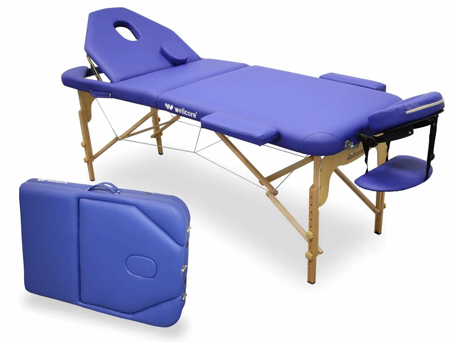 WELLCORE - Lettino da massaggio pieghevole in legno, con schienale ribaltabile, Plus, 185 x 65 cm, in ecopelle, altezza regolabile, testa rimovibile, foro facciale, colore blu, fino a 225 kg