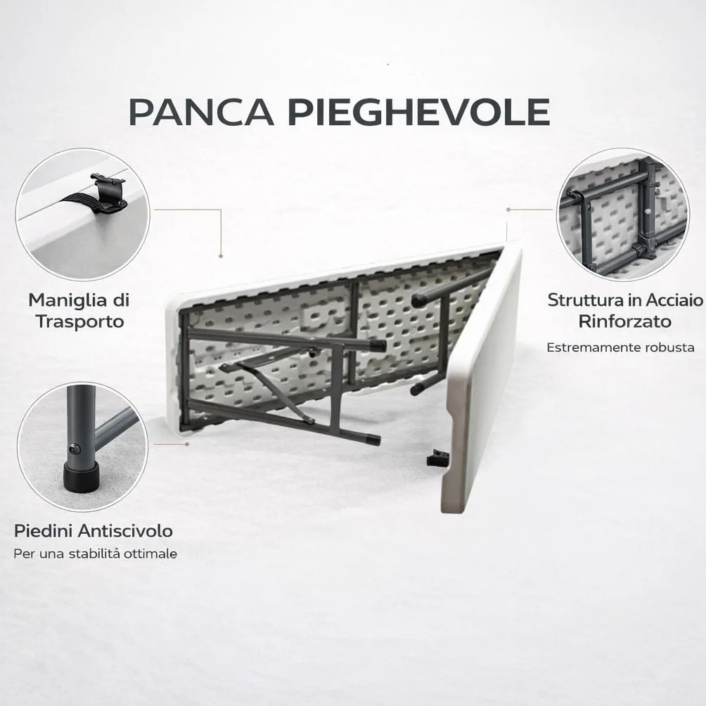 Panchina Pieghevole a Valigetta con Maniglia - Panca per Buffet, Giardino, Campeggio, Feste, Catering, Sagre, Bar, Mercato- Tavolo da Camping Salvaspazio Bianco 180x28x44h cm