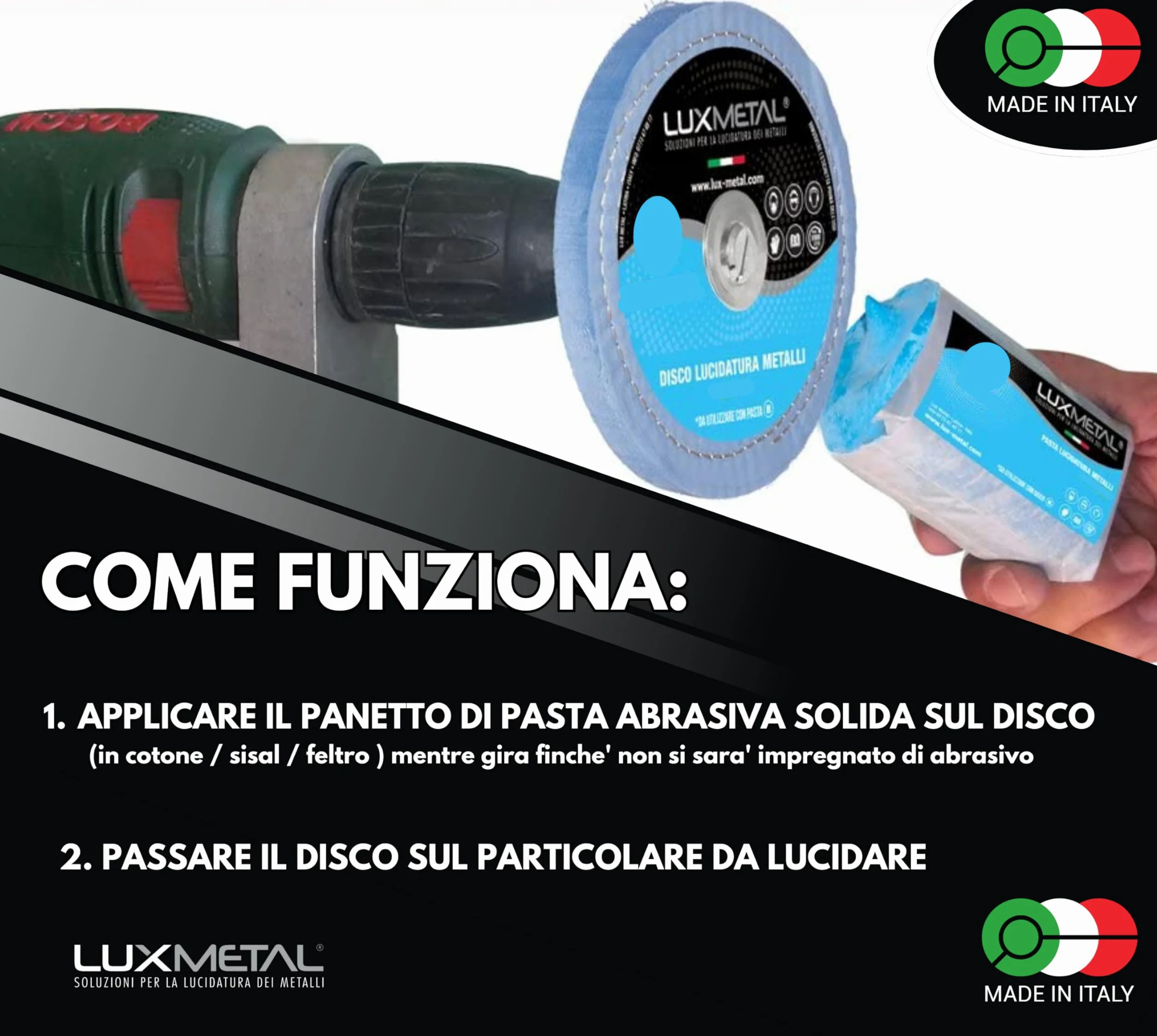 Lux Metal Kit 1 Pasta Abrasiva Lucidante 350 gr e 1 Disco Lucidatura in cotone 200 mm (S-Fine) Per Lucidare Metalli Acciaio Inox Alluminio Ferro Lucida Cromature Plexiglass Marmo Ottone Rame Plastica