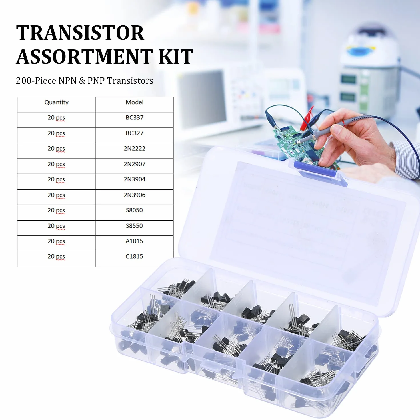 Kit di 200 transistor di potenza NPN PNP BC337 BC327 2N2222 2N2907 2N3904 2N3906 S8050 S8550 A1015 C1815 per progetti elettronici fai da te riparazione veicoli