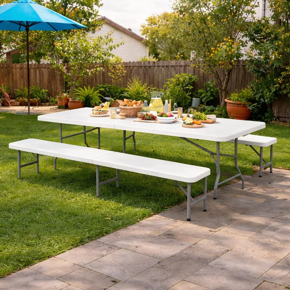 Panchina Pieghevole a Valigetta con Maniglia - Panca per Buffet, Giardino, Campeggio, Feste, Catering, Sagre, Bar, Mercato- Tavolo da Camping Salvaspazio Bianco 180x28x44h cm