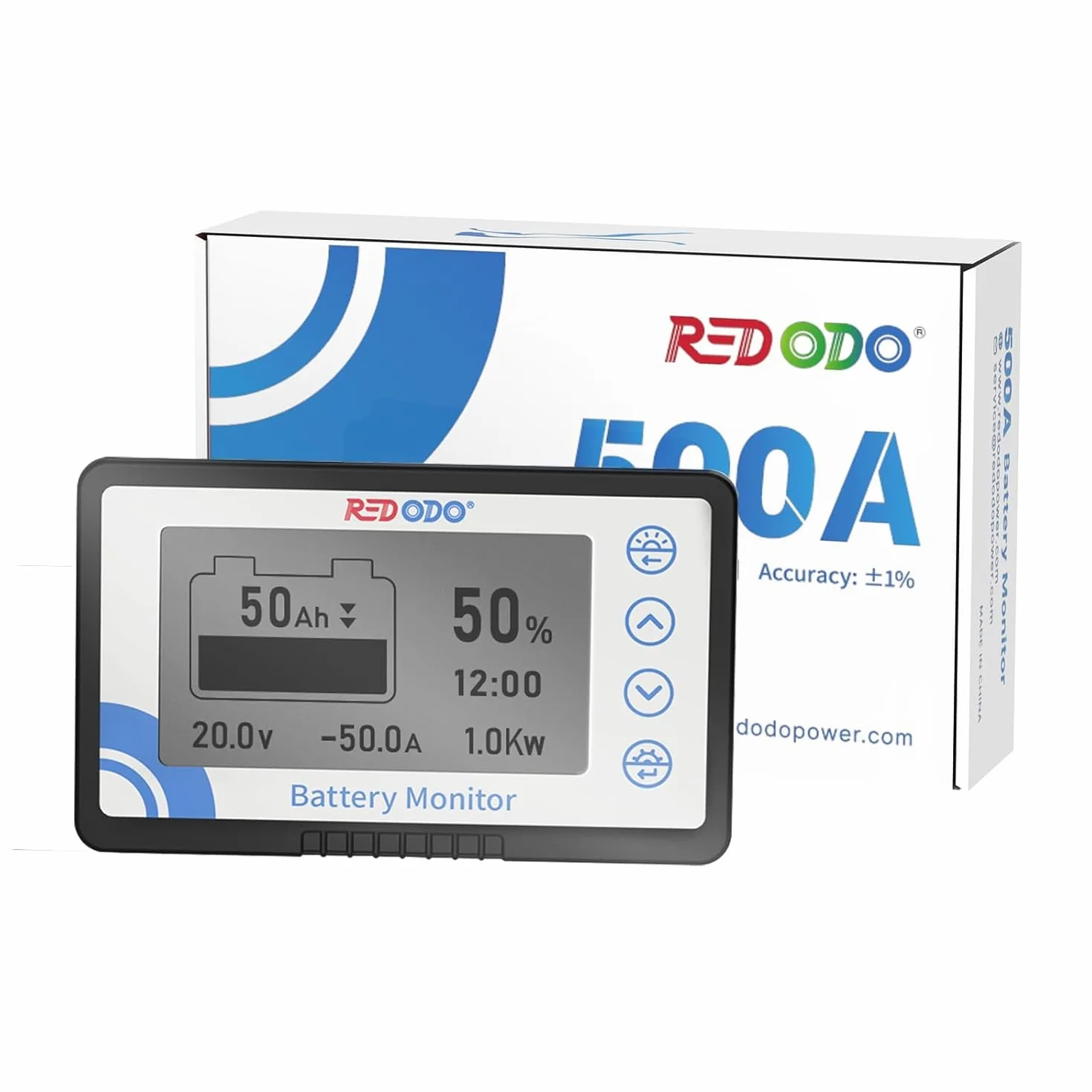Redodo 500A Batteria Monitor con Shunt, Misuratore di Tensione della Batteria con Intervallo 8V~120V, Cavo Schermato da 20 Piedi, Compatibile con Batterie al Gel, al Piombo e LiFePO4