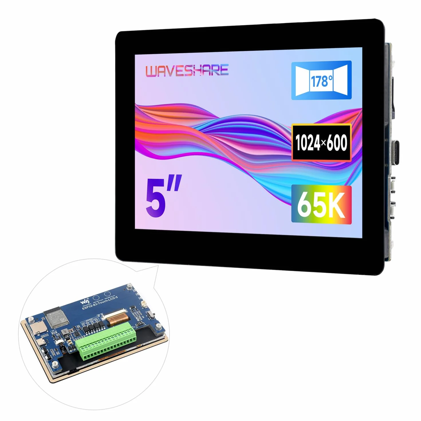 Waveshare ESP32-S3 5 inch Capacitive Touch Display + Development Board, 1024 x 600, 178° Viewing Angle, 5-Point Touch, 32-Bit LX7 Dual-Core Processor, Up to 240MHz Frequency, Support WiFi, Onboard