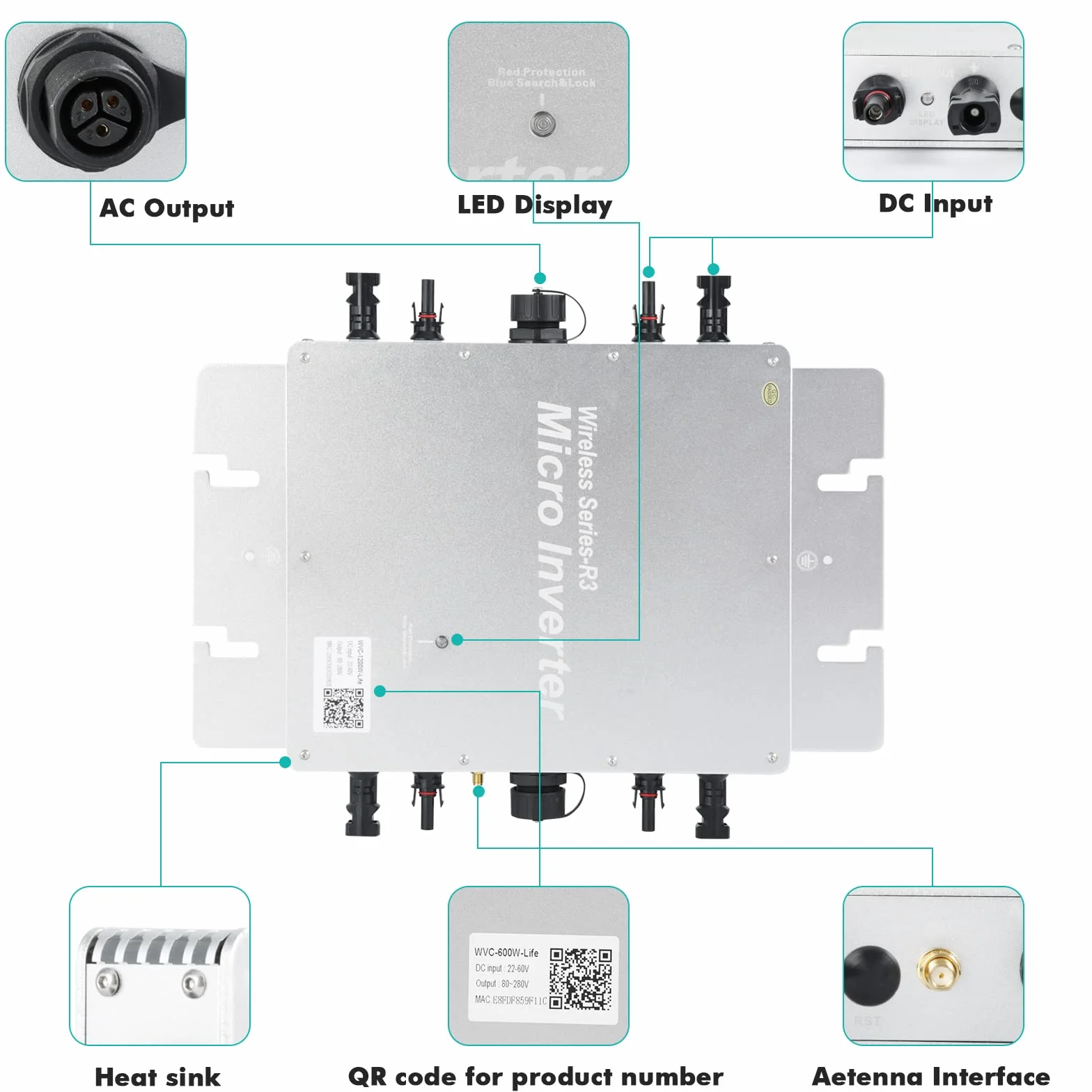 Micro Inverter Micro Solar Inverter MPPT Grid Tie Converter con sistema di monitoraggio del telefono cellulare WiFi(WVC-1600W)