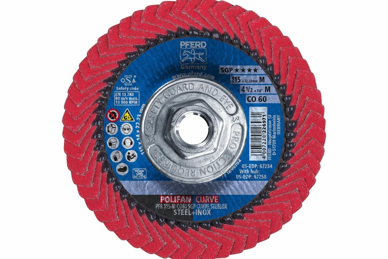 Pferd, 67258, Polifan Pfr curva radiale tipo disco lamellare, ossido di ceramica, diametro 4 – 1/5,1 cm, 5/8 – 11 thread, 13300 rpm, 60 Grit