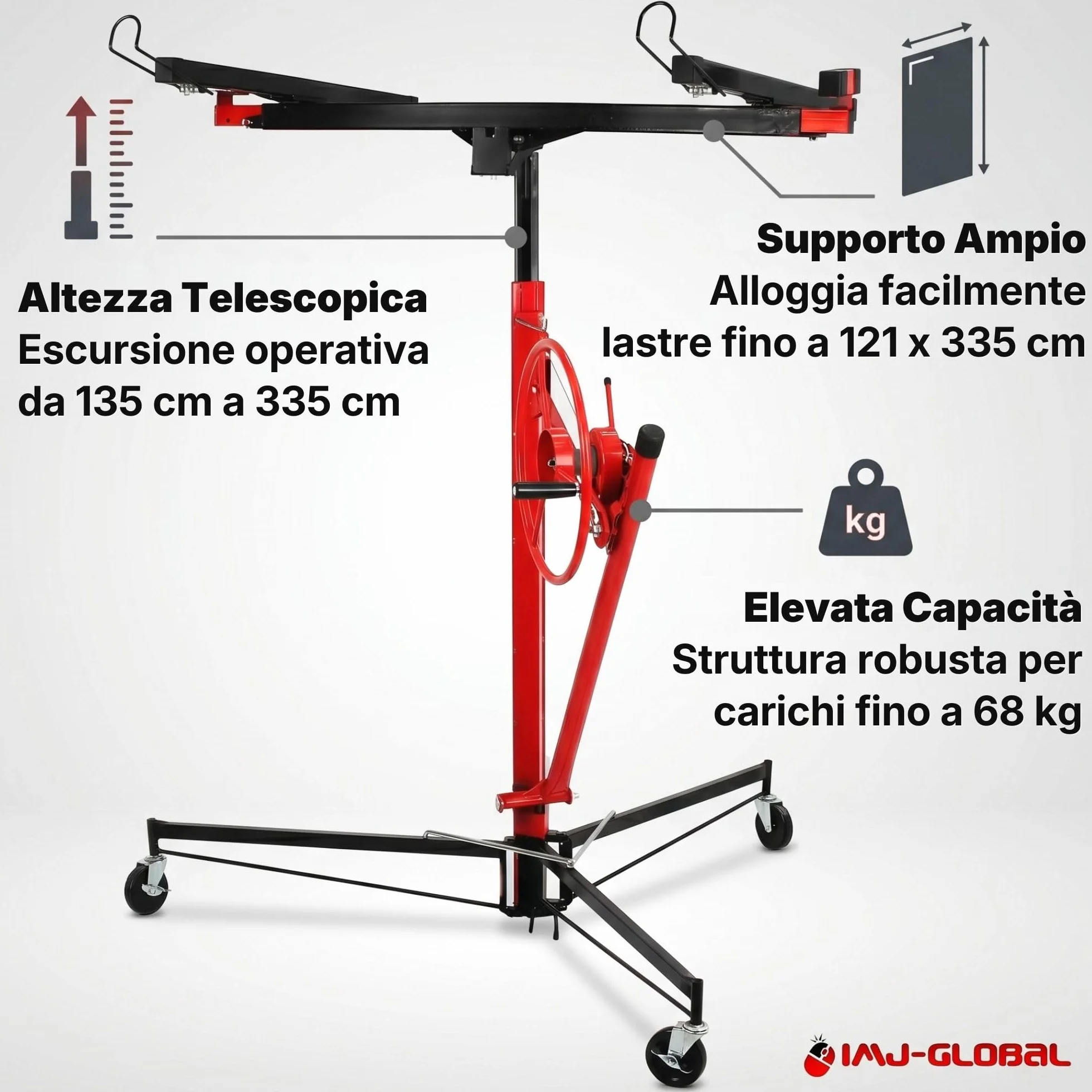 IMJ-Global - Alzalastre per Cartongesso Professionale a Doppia Chiusura, Alza Pannelli Cartongesso con Altezza di Lavoro 135-335cm, Alza Lastre Telescopico con Portata Massima di 68KG