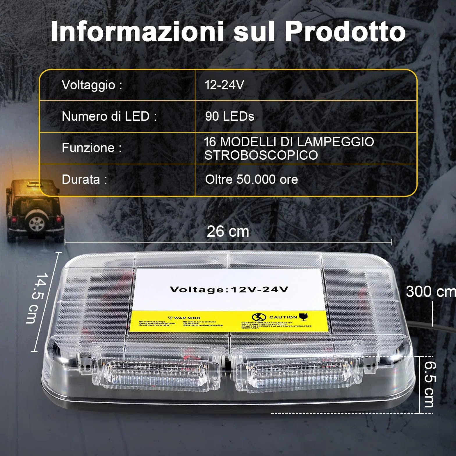 Lampeggiante Arancione a 90 LED con Magnete - Luce di Avvertimento 12V 24V, Cavo da 3 m, Impermeabile IP65, 16 Modalità per Camion, Attrezzature Edili, Agricoltura