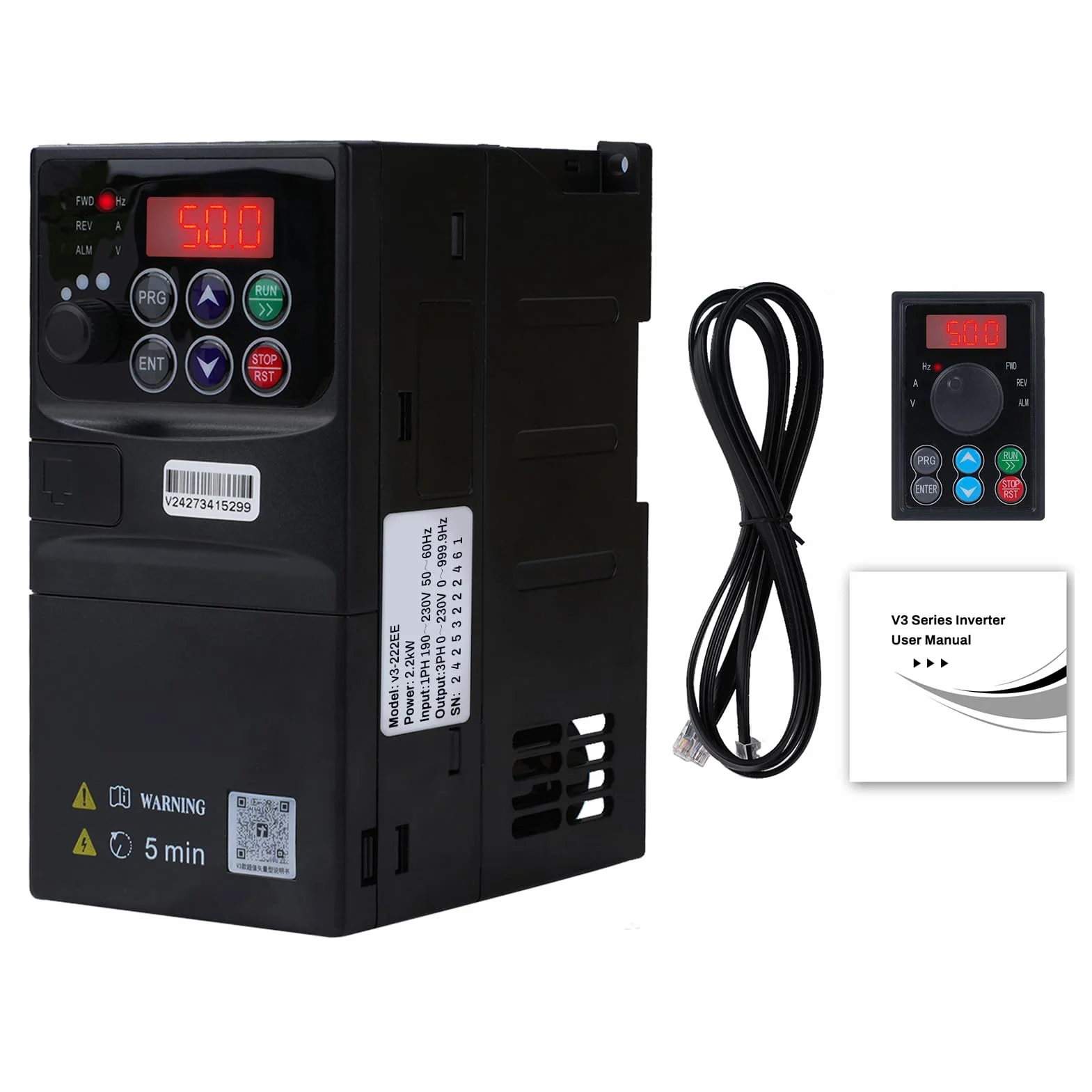 2.2KW Inverter per motori trifase 220v Ingresso monofase 220V Uscita trifase 230V Variatore di frequenza VFD quadro elettrico rimovibile modello V3-222EE (con cavo di prolunga da 1,5m)