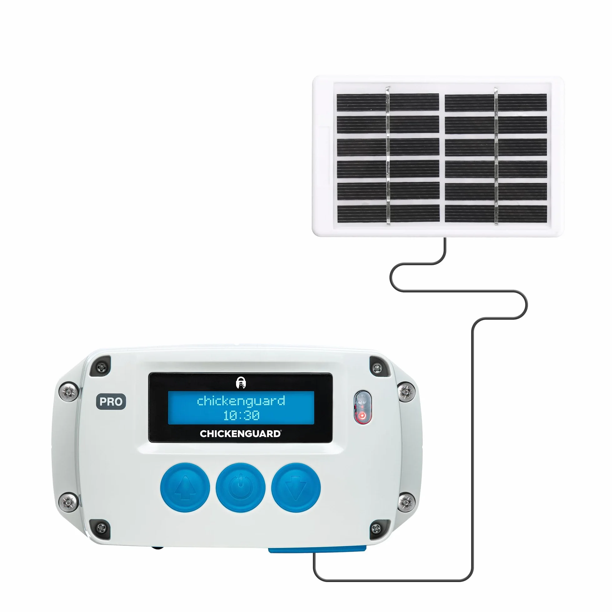 Apertura automatica della porta del pollaio ChickenGuard, alimentata da solare/batterie/elettrico. Timer/sensore di luce; solo unità motore o kit combinati. (PRO + Kit Solare)