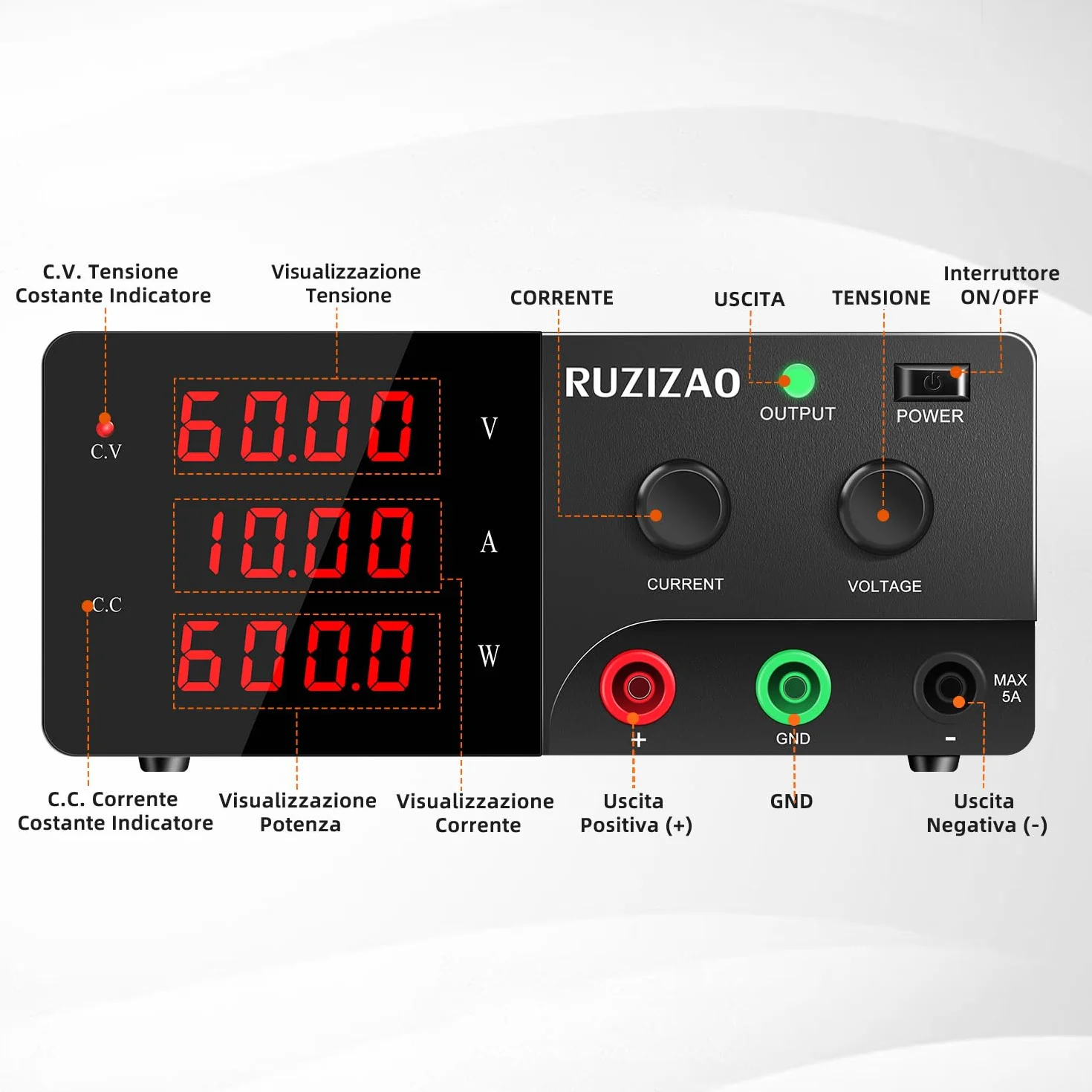 Alimentatore da Banco 60V 10A 600W Alta Potenza Alimentatore da Laboratorio Regolabile con OUTPUT/Encoder, Alimentatore Stabilizzato con Display LED a 4 Cifre e Uscita Stabile per Elettronica