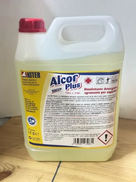 ALCOR PLUS DISINFETTANTE DETERGENTE SGRASSANTE PER SUPERFICI LT 5 Kiter