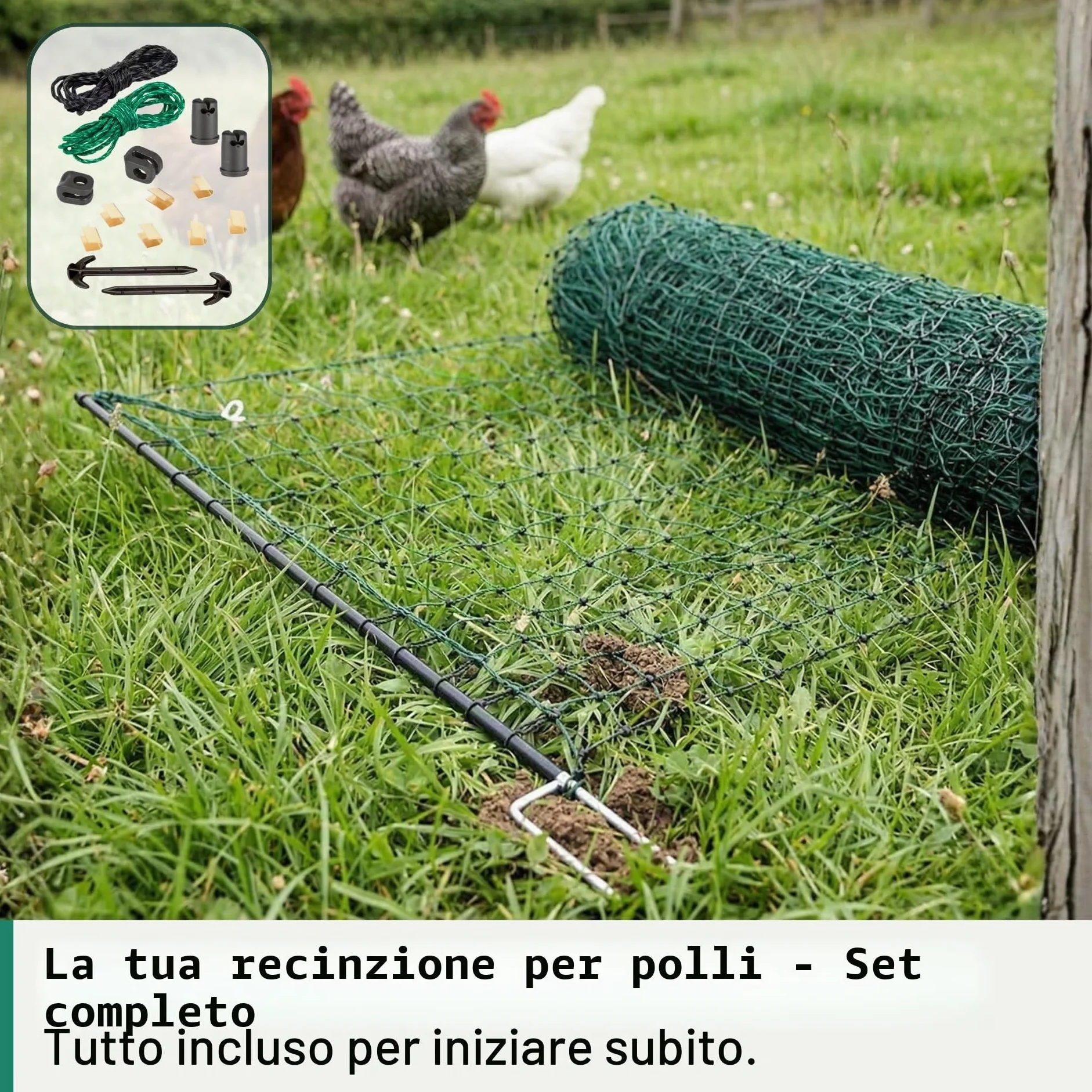 Agrarzone Rete per pollame Classic elettrificabile, Doppia Punta, Verde 50 m x 112 cm - Robusta per polli, Cani e Gatti - Facile da installare con 15 Pali e Kit di Riparazione