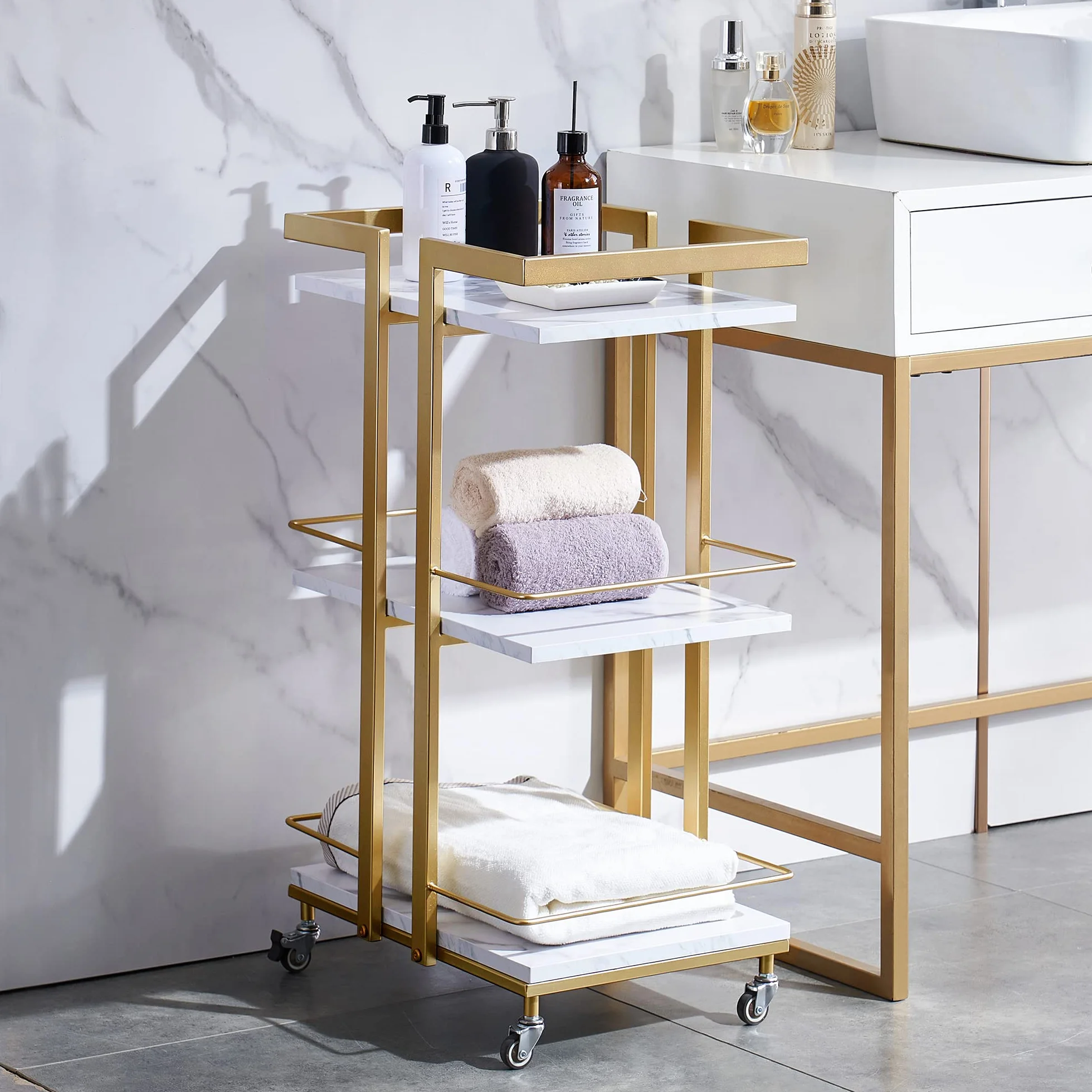 MCombo M carrello di servizio con rotelle, carrello da cucina carrello bar struttura in metallo, arrello moderno carrello multiuso con 3 livelli, per cucina soggiorno, 33x43x75cm, 0033