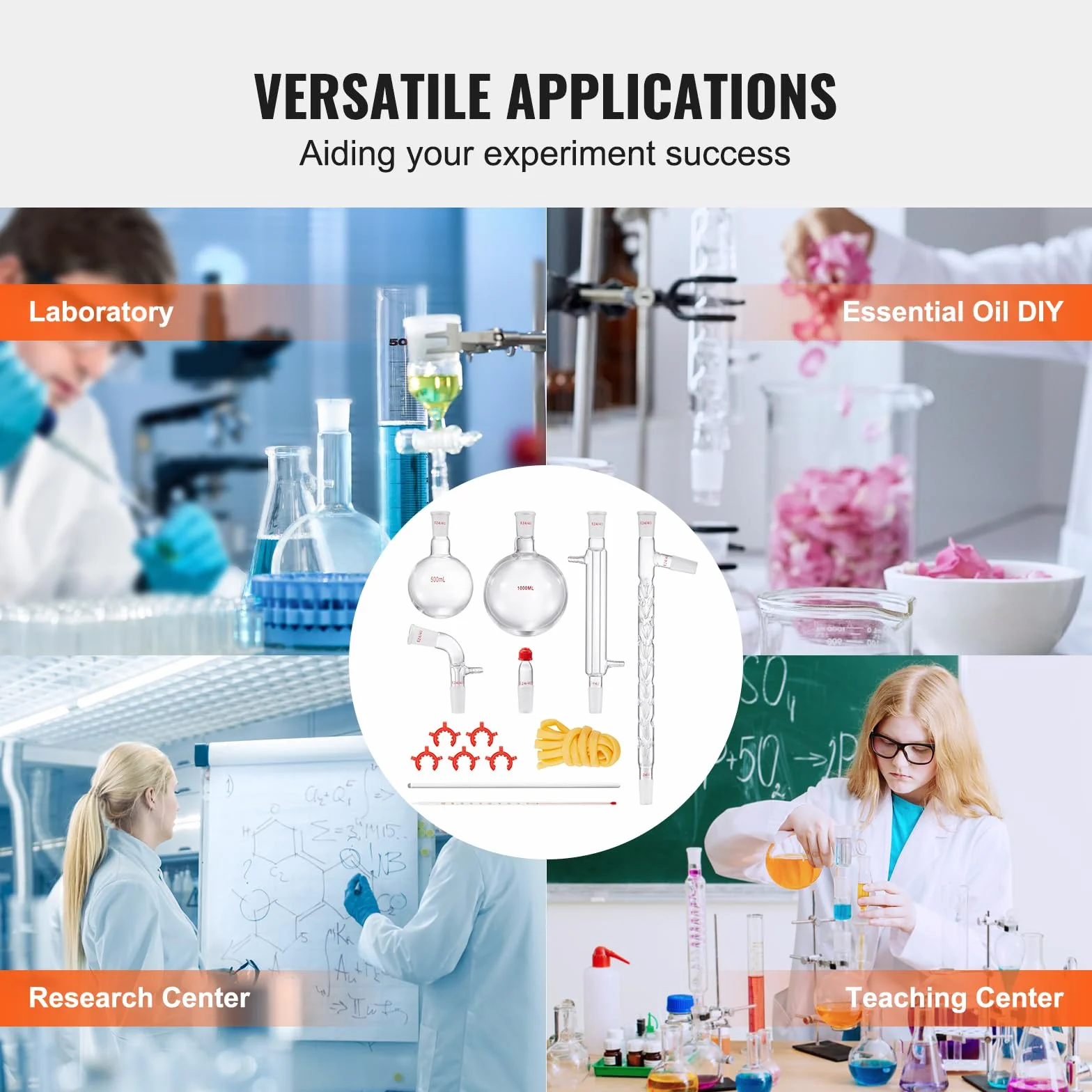 VEVOR Kit di Distillazione,14 Pezzi Kit di Vetreria da Laboratorio, Giunti 24/40 Kit di Distillazione da Laboratorio, 1L Kit di Vetreria per Purificatore in Vetro, per Essiccazione, Cristallizzazione