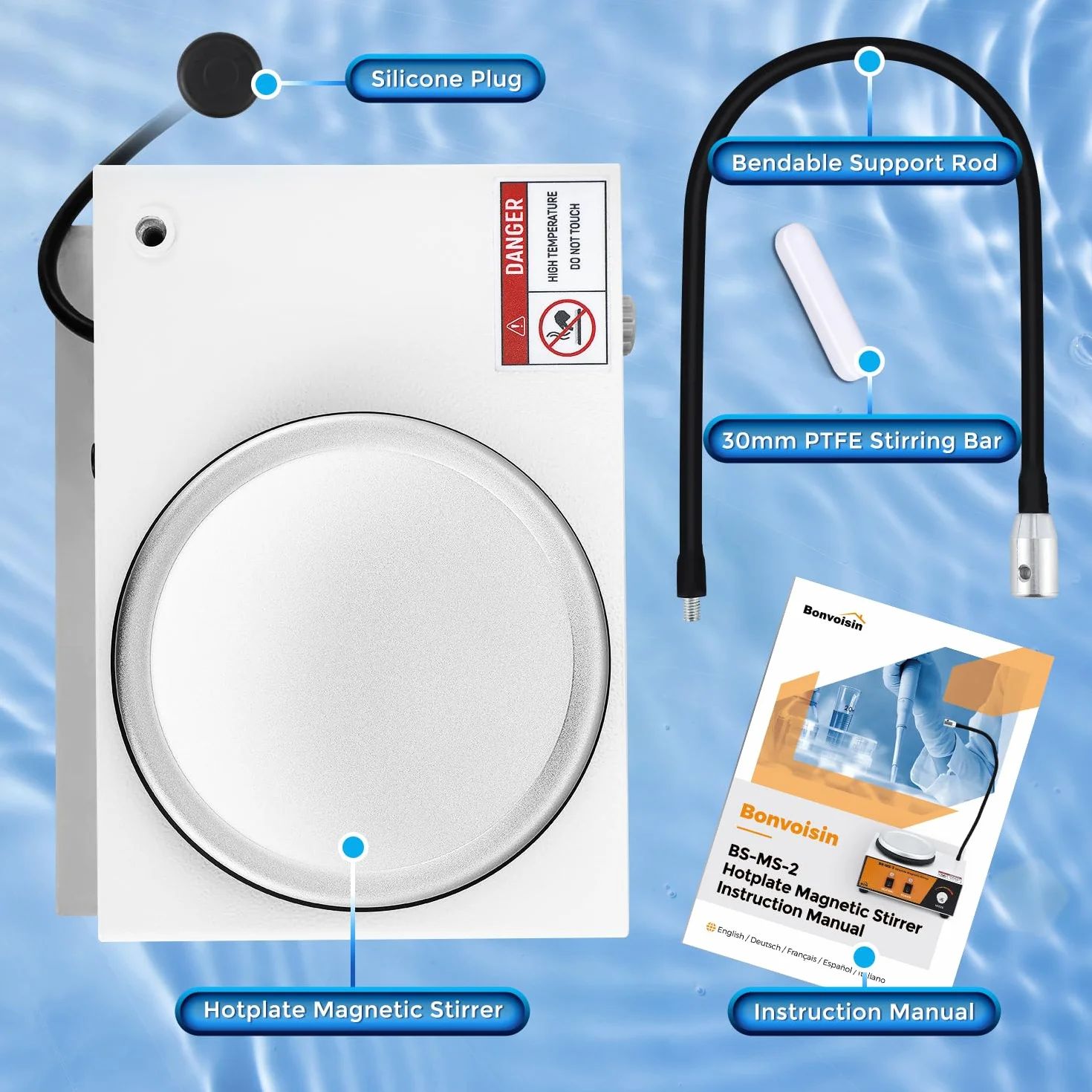 Bonvoisin Agitatore Magnetico con Piastra Riscaldante, Mixer da Laboratorio da 2L 0-2600rpm 100℃ con Asta di Supporto Sensori Flessibile, 120 * 120mm 180W Potenza di Riscaldamento (EU)
