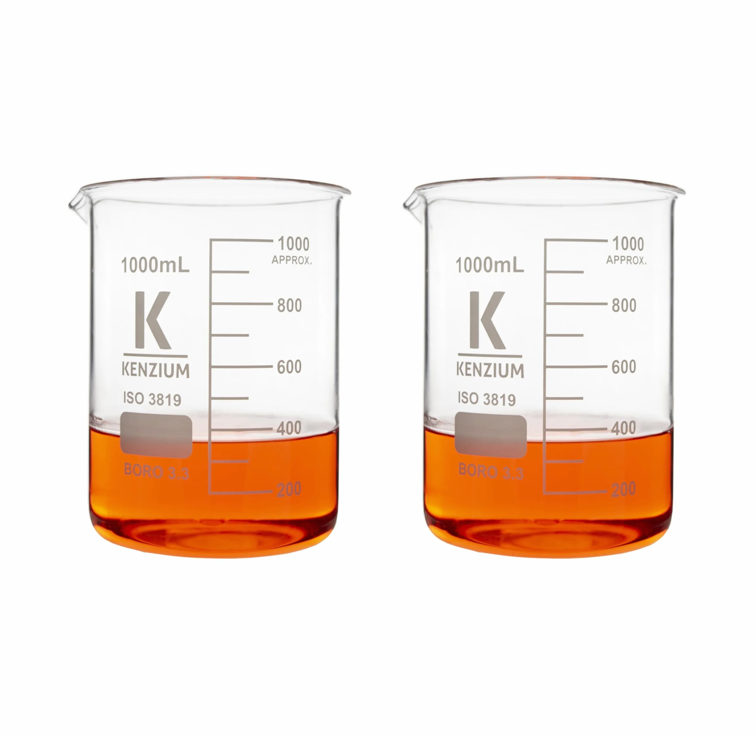 Confezione 2 x becher | Volume: 1000 ml (1L) | Vetro borosilicato 3.3 | Forma bassa | Graduato con beccuccio versatore | Per tutti i tipi di campioni | Alta Resistenza, Autoclavabile
