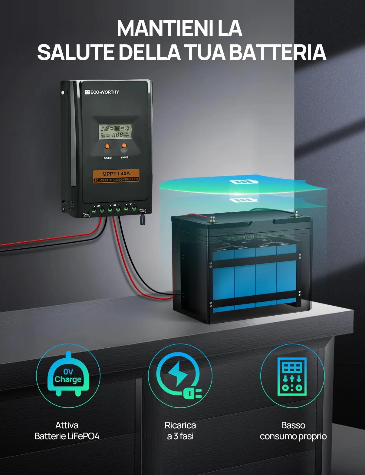 ECO-WORTHY Regolatore di carica 40A MPPT,Regolatore Solare 12V/24V con Display LCD, Monitoraggio Tramite App Bluetooth e RS485, Efficienza di Carica del 99% per Batterie al litio GEL SLA FLD