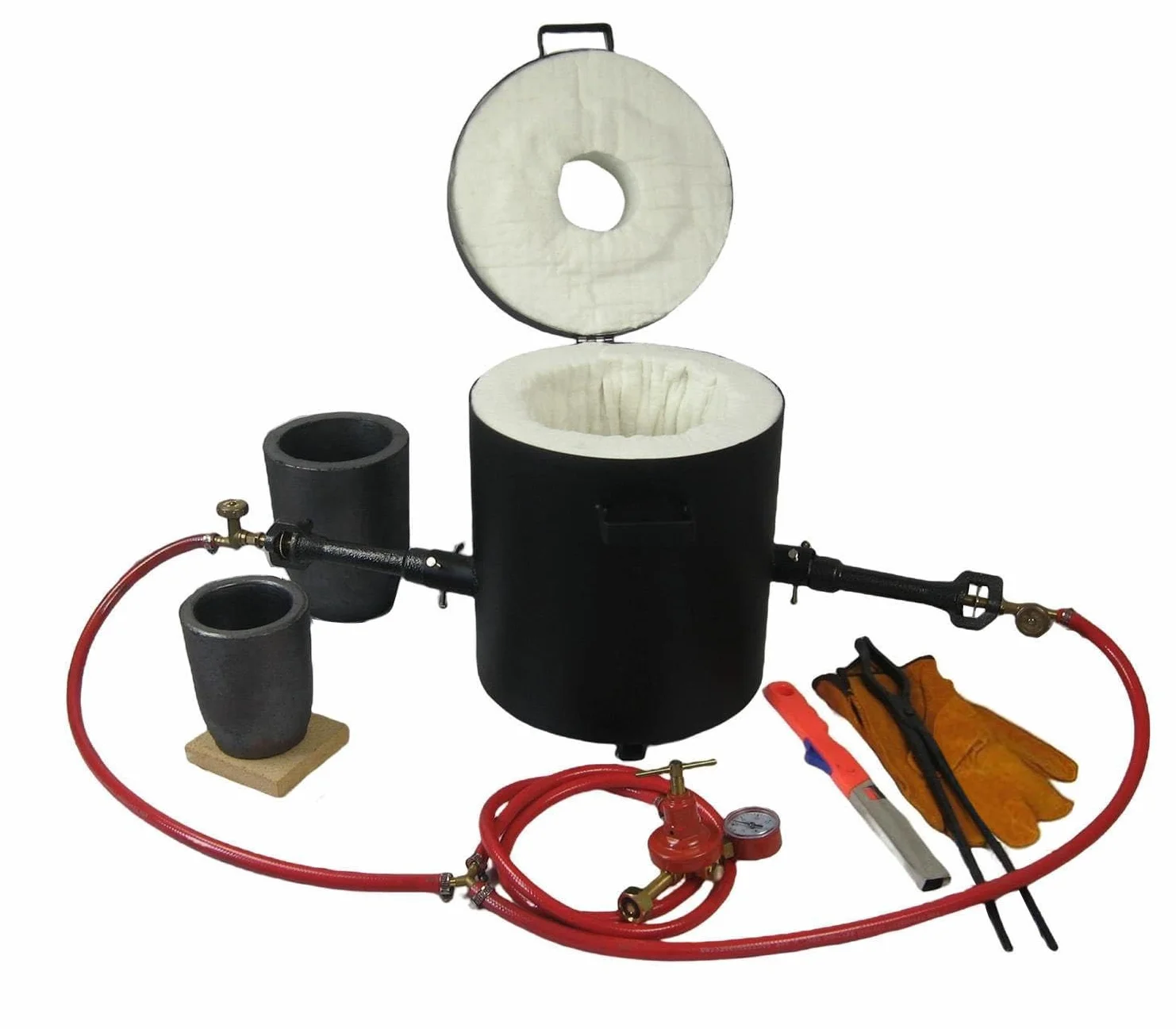 Forno fusorio a gas propano 16kg con 2 bruciatori forgiati, dotato di 2 crogioli in grafite (16kg e 6kg), stampi per lingotti da 113ml, pinze e guanti per la fusione di rame, ottone e alluminio