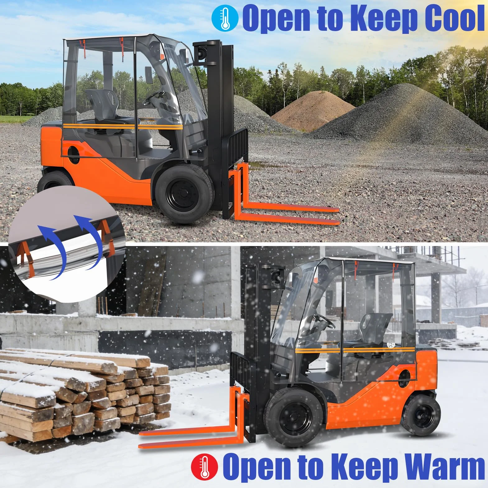 Copertura per carrelli elevatori ad acqua, polvere, neve e antivento, trasparente, con strisce riflettenti arancioni