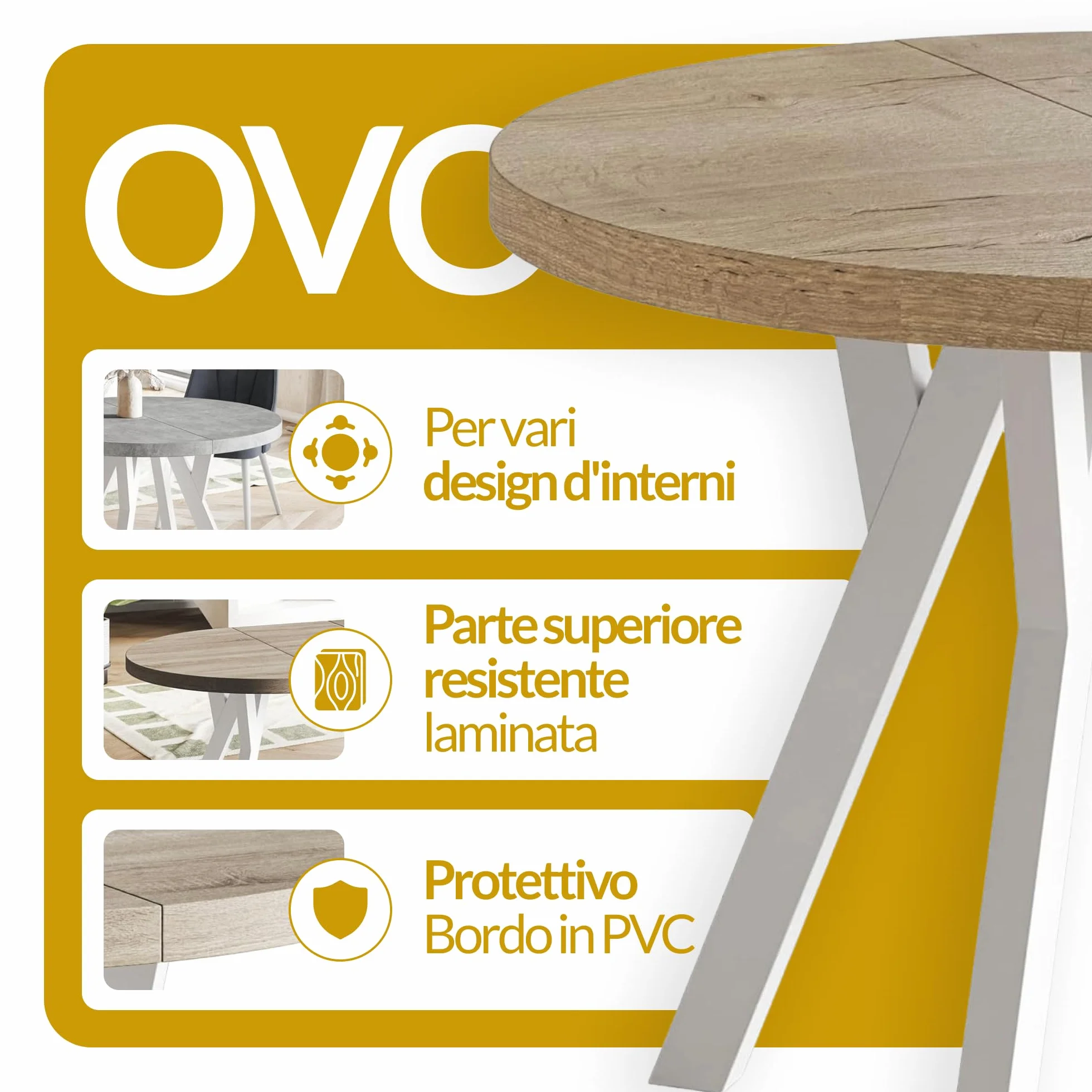Tavolo da Pranzo Rotondo Allungabile Ovo - Piano in Laminato 36 mm - Diametro 90 cm - Marmo