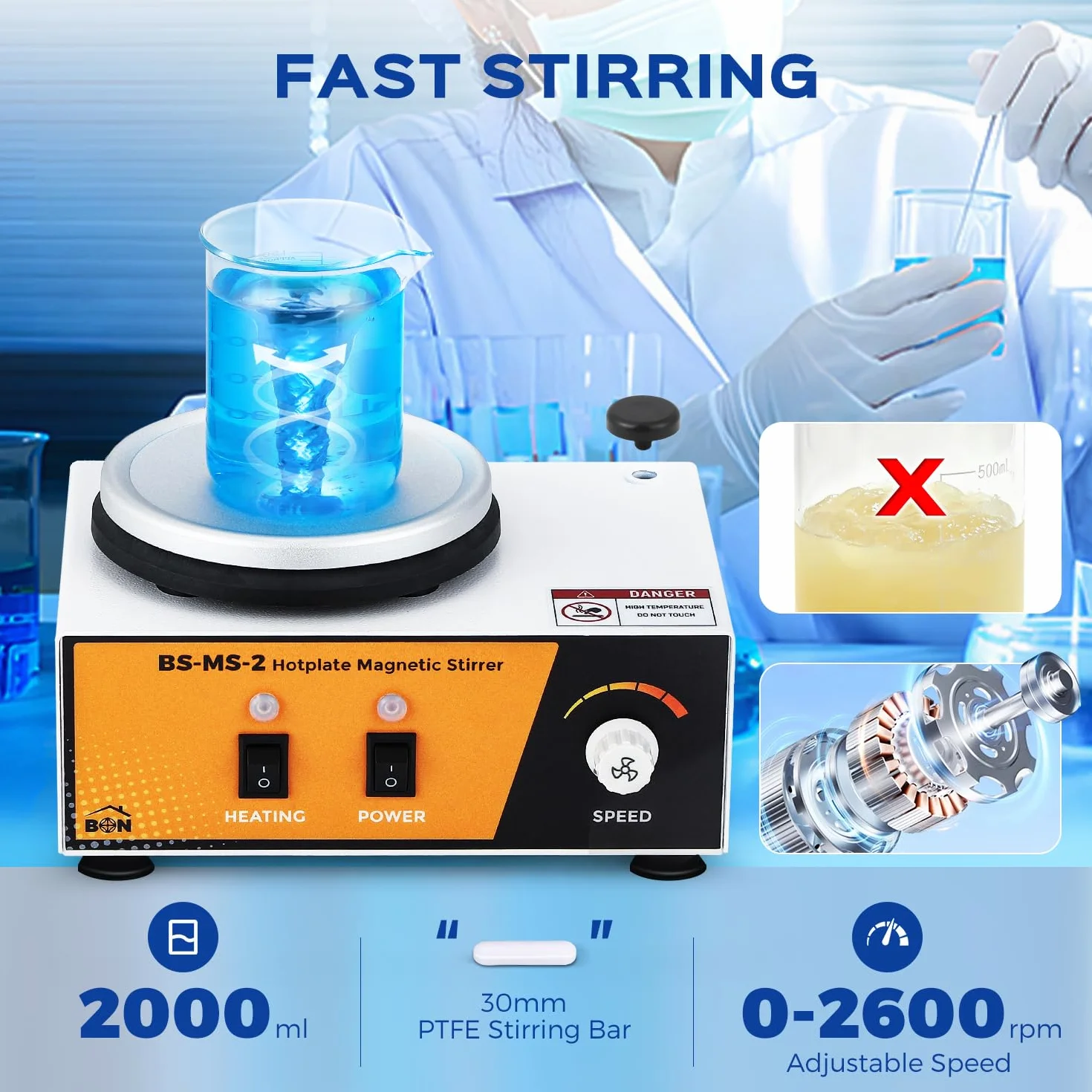 Bonvoisin Agitatore Magnetico con Piastra Riscaldante, Mixer da Laboratorio da 2L 0-2600rpm 100℃ con Asta di Supporto Sensori Flessibile, 120 * 120mm 180W Potenza di Riscaldamento (EU)