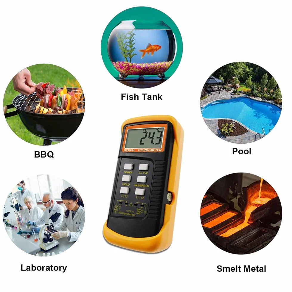 Mengshen Termometro Digitale Tipo K 2 Canali 4 Termocoppie -50~1370°C Portatile