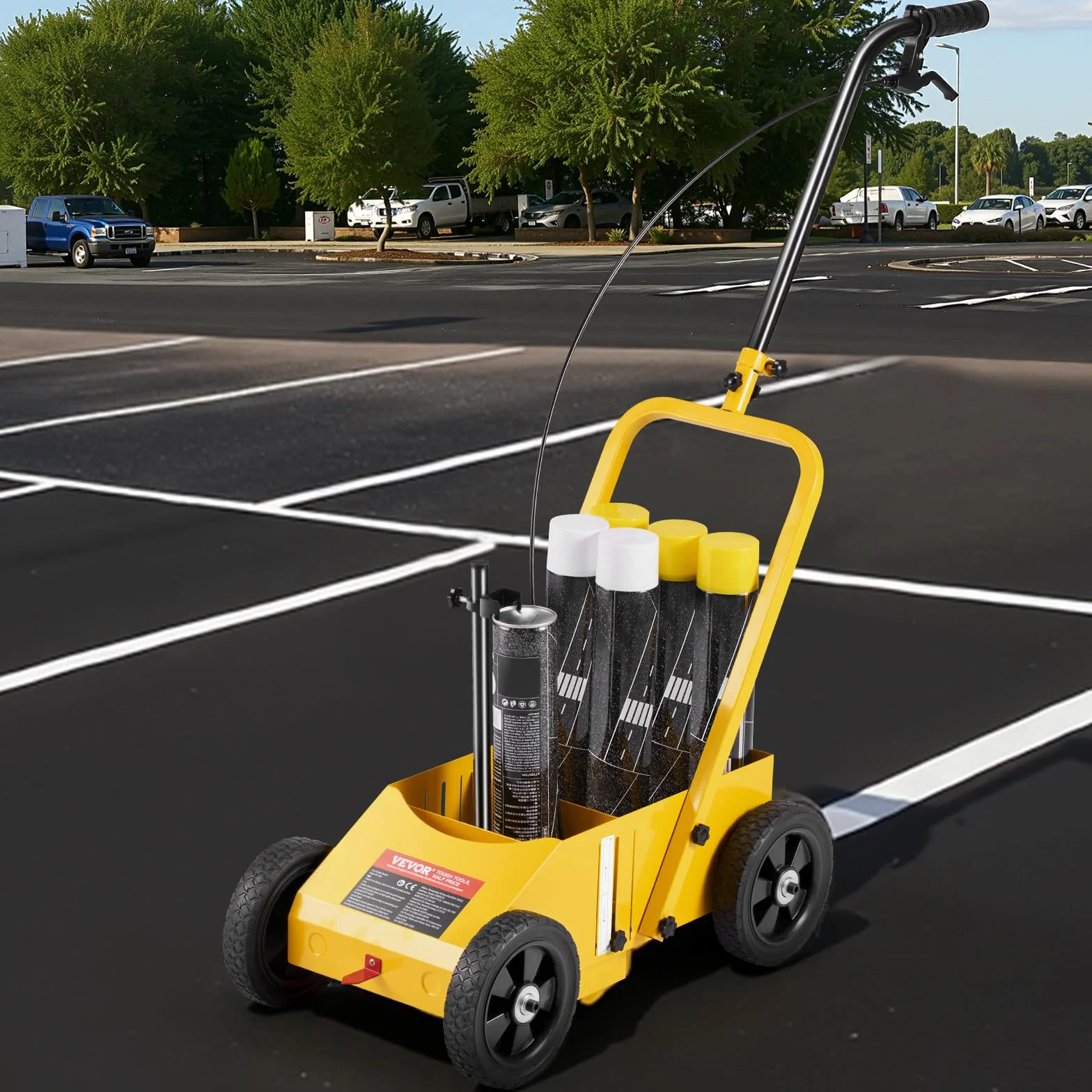 VEVOR Carrello Traccialinee 61 x 33 x 90 cm, Macchina per Segnaletica Stradale a 4 Ruote, Larghezza Regolabile 5,6-10,2 cm, Segnalinee per Linee su Strade, Parcheggi Campi Sportivi, Giallo
