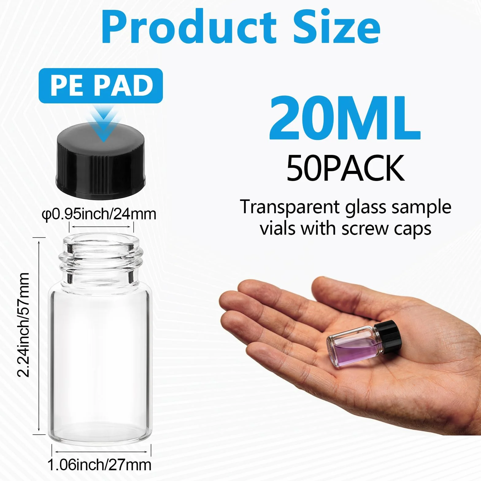 Bottiglie di vetro da 20 ml con tappi a vite laboratorio chiaro campione di liquido bottiglie per olio essenziale, profumo, farmaci, reagente, olio di unzione, confezione da 50