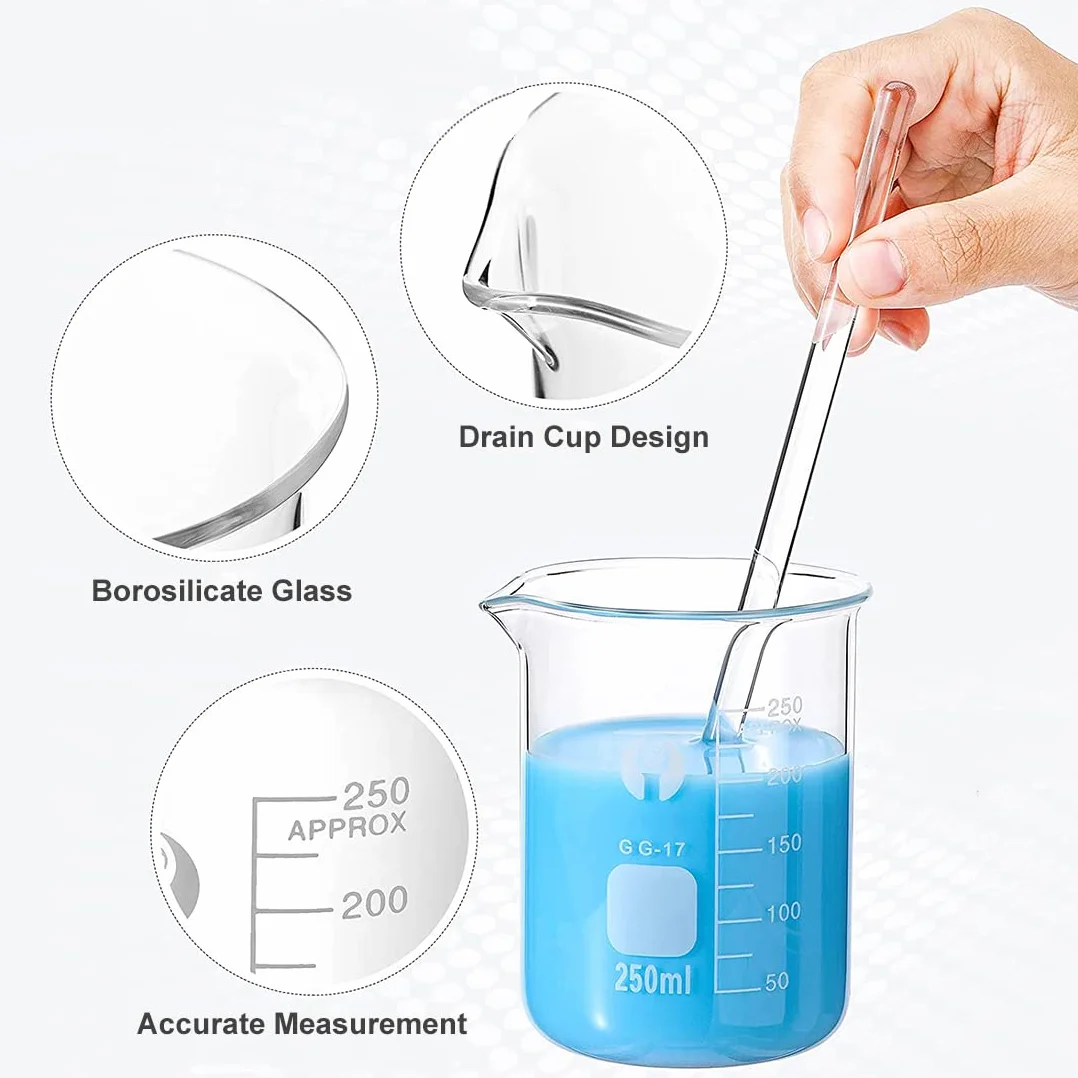 Becher Graduato in Vetro Borosilicato, JESSTOLO 5 Pezzi Graduato Misurazione Bicchiere 1000ml 500ml 250ml 100ml 50ml con 2 Pezzi Spazzolini di Pulizia, per Laboratorio Esperimento Chimico Medicina