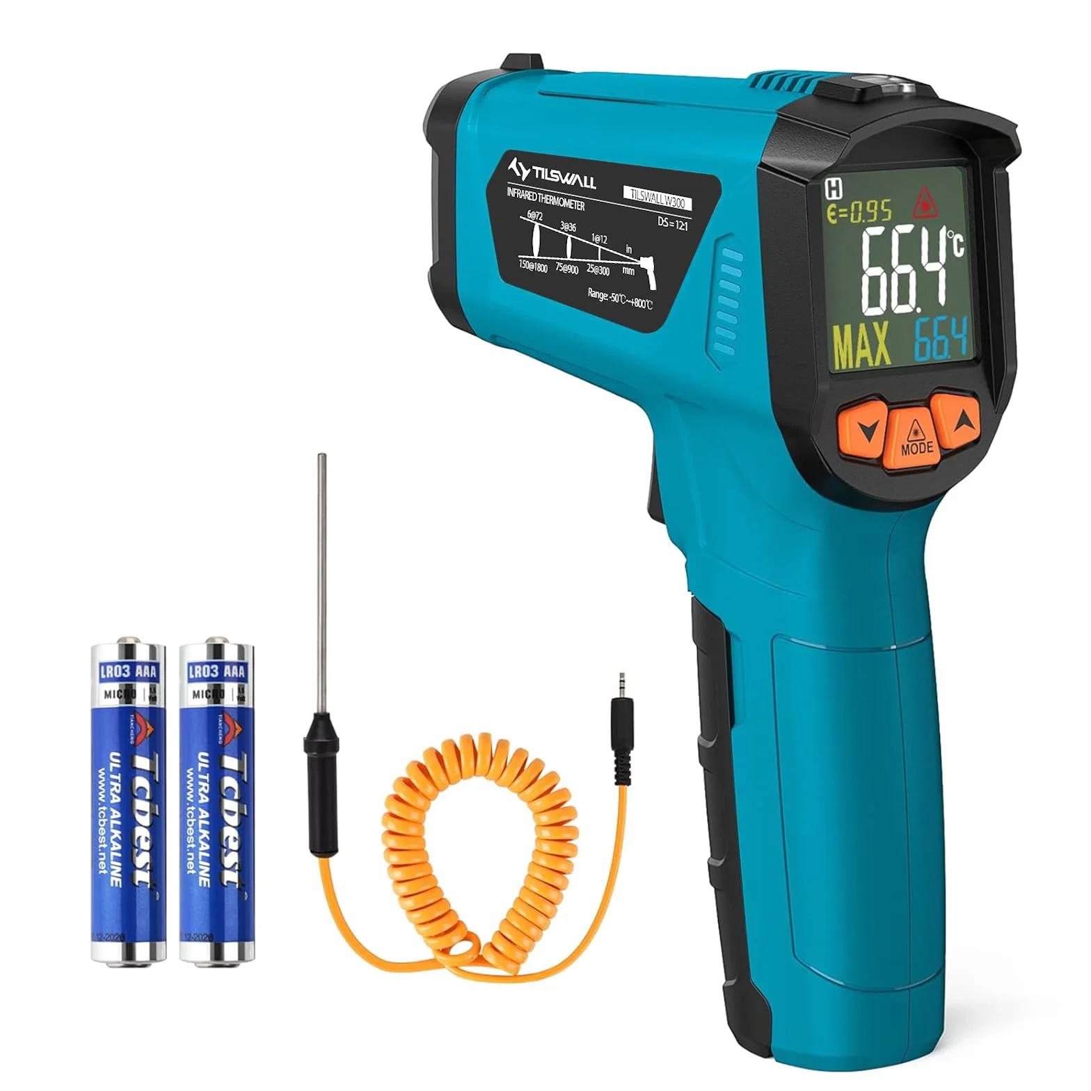 Tilswall Termometro Infrarossi Professionale -50°C~800°C con Sonda per Carne Display LCD a Colori