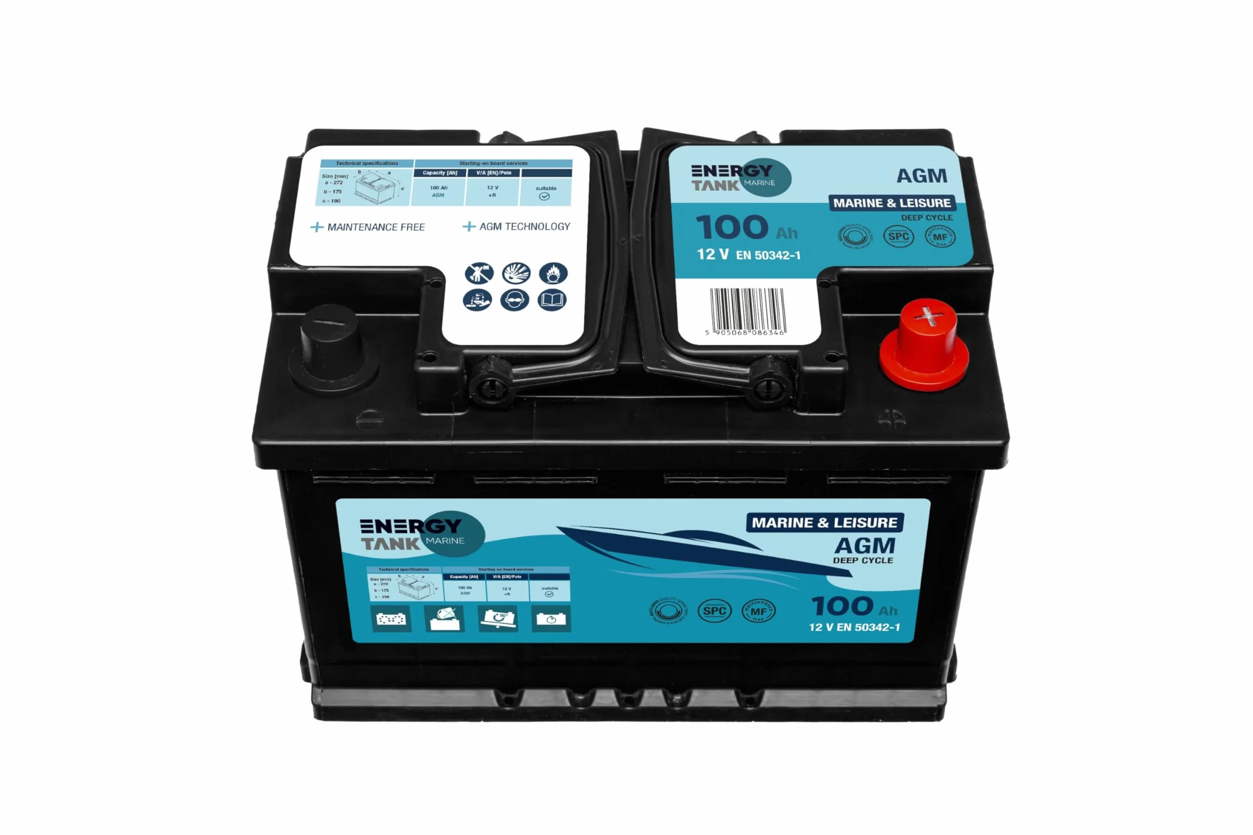 Energy Tank Batteria AGM Solare 12V 100Ah a Scarica Lenta – Sigillata, Senza Manutenzione – per Barca, Motore Elettrico Fuoribordo e Impianti Fotovoltaico