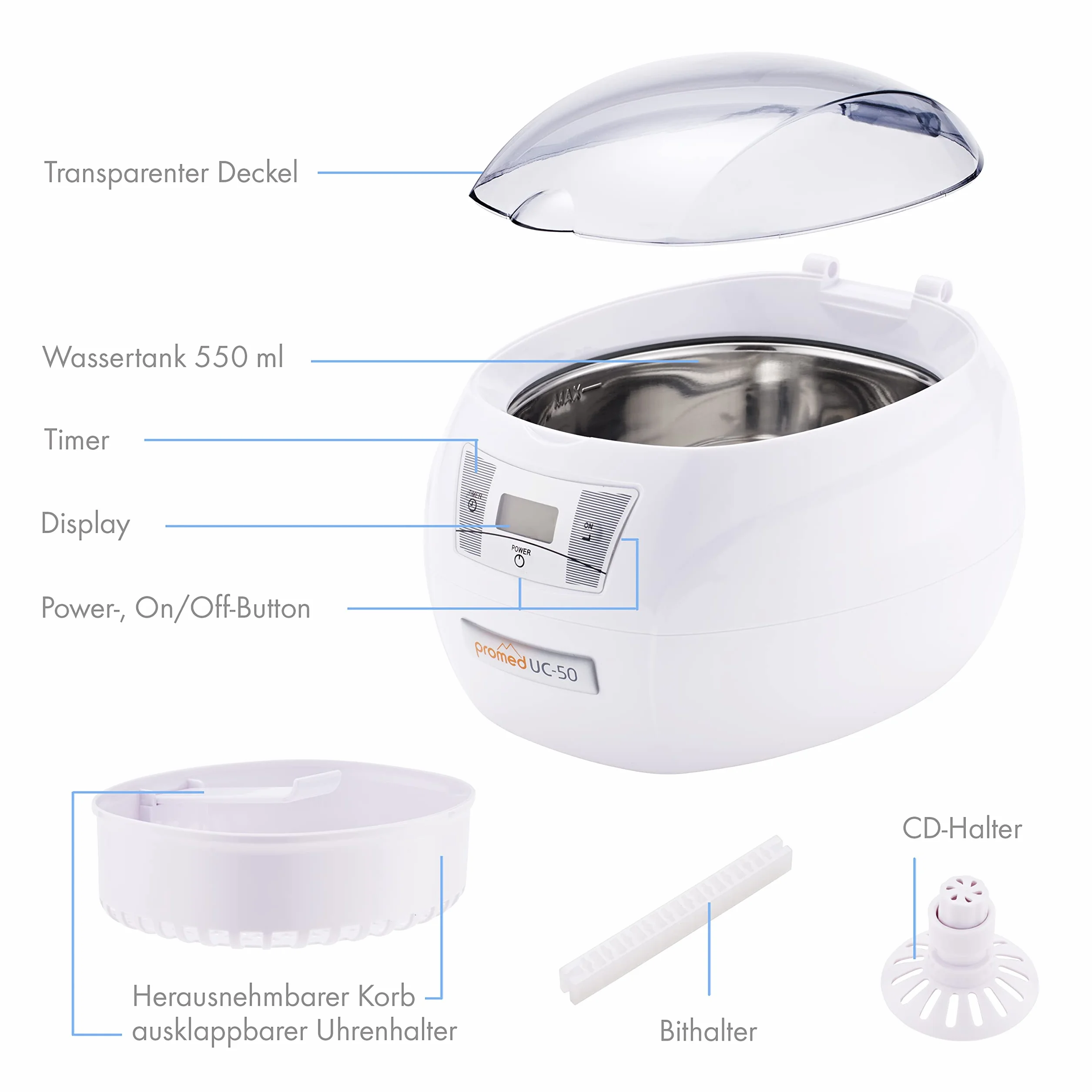 Promed UC-50 Pulitore Ultrasuoni - Dispositivo di Pulizia Gioielli, Utensili da Unghie, Occhiali, Oggetti - Alta Frequenza - Timer Automatico, LCD e Motore Silenzioso - Supporto per Orologio, Bit e CD