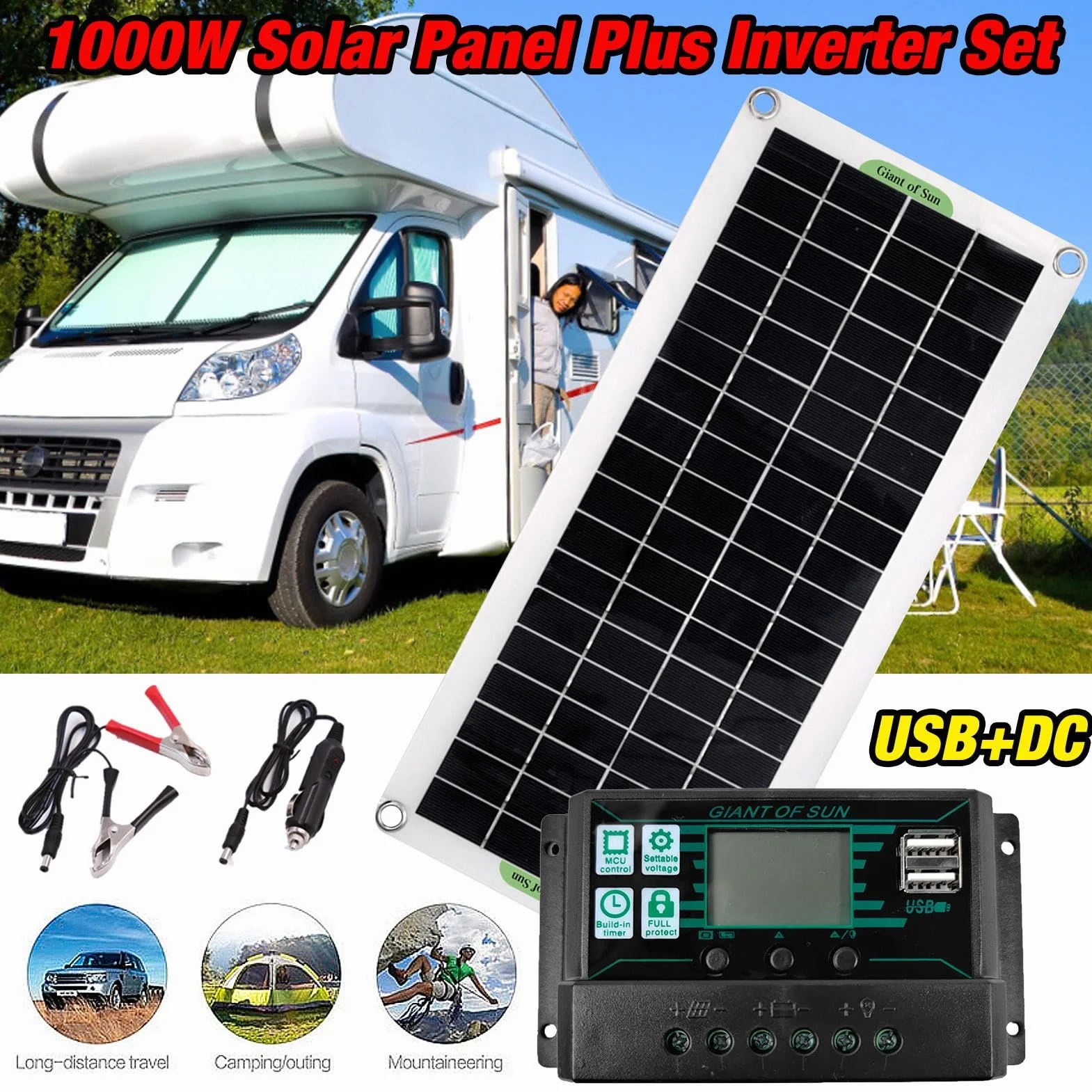 Pannello solare - Kit completo per energia solare da 1000 W con pannello solare e inverter | Modulo solare fotovoltaico monocristallino con inverter | Kit solare completo per veicoli automatici con