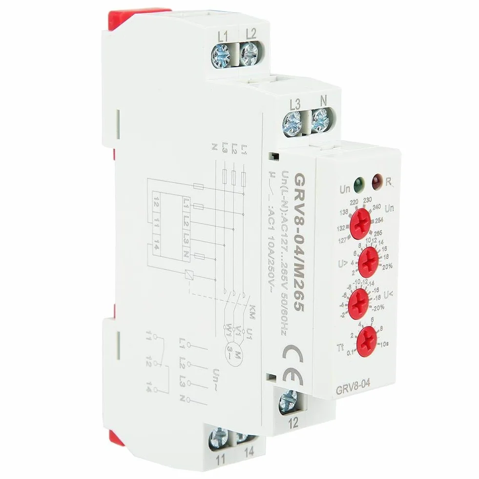 Relè di monitoraggio tensione, Relè di protezione per il monitoraggio della tensione trifase a 4 fili regolabile con sequenza di fasi/protezione guasto, DIN 35mm[Classe di efficienza energetica A]